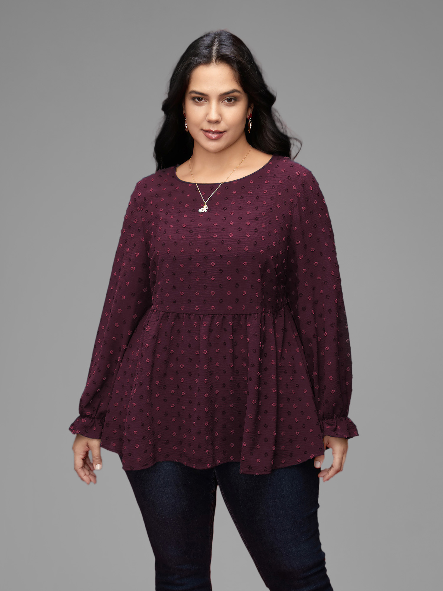 

Plus Size Plum Textured Dot Elastic Cuffs A-line Blouse Women Casual Long Sleeve Round Neck Everyday Blouses BloomChic