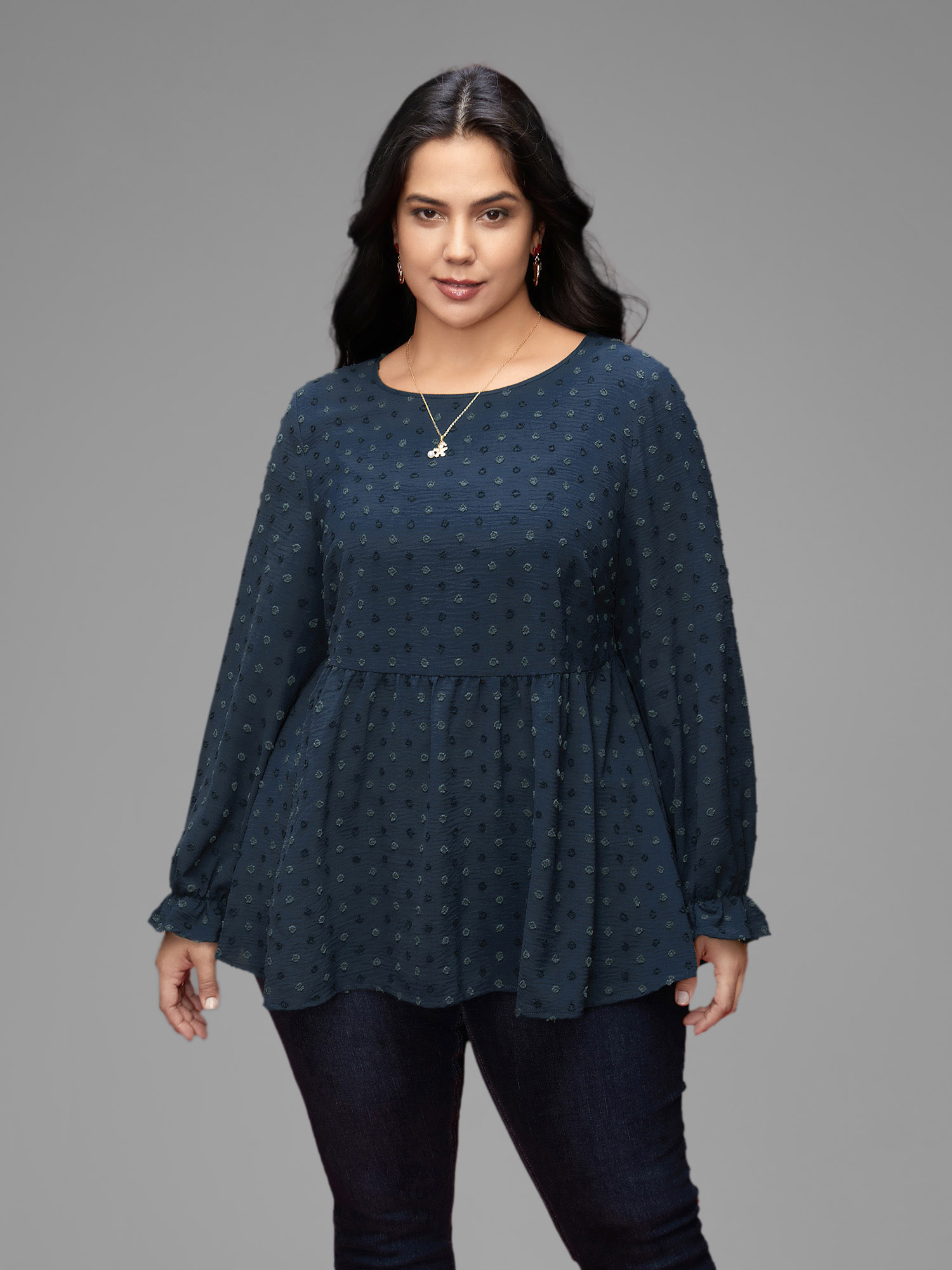 

Plus Size Indigo Textured Dot Elastic Cuffs A-line Blouse Women Casual Long Sleeve Round Neck Everyday Blouses BloomChic