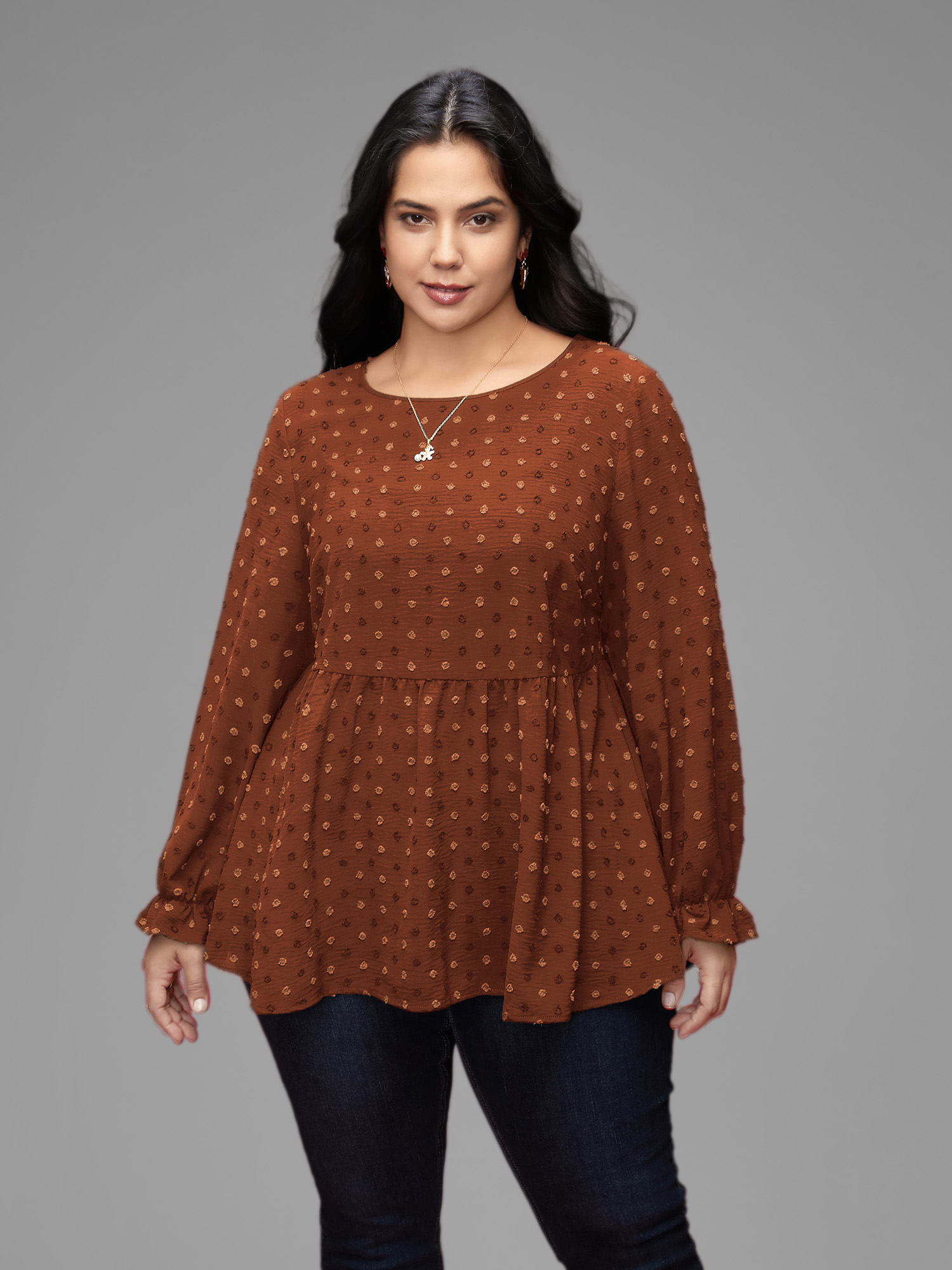 

Plus Size Rust Textured Dot Elastic Cuffs A-line Blouse Women Casual Long Sleeve Round Neck Everyday Blouses BloomChic