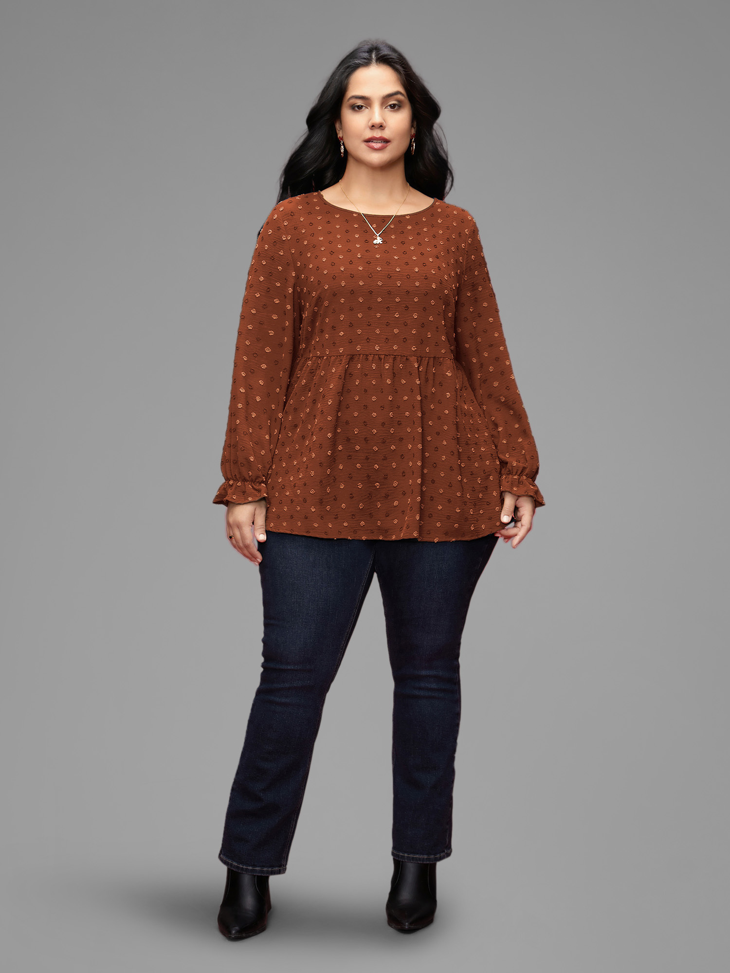 Plus Size Rust Textured Dot Elastic Cuffs A-line Blouse Women Casual Long Sleeve Round Neck Everyday Blouses BloomChic 22-24/3X 