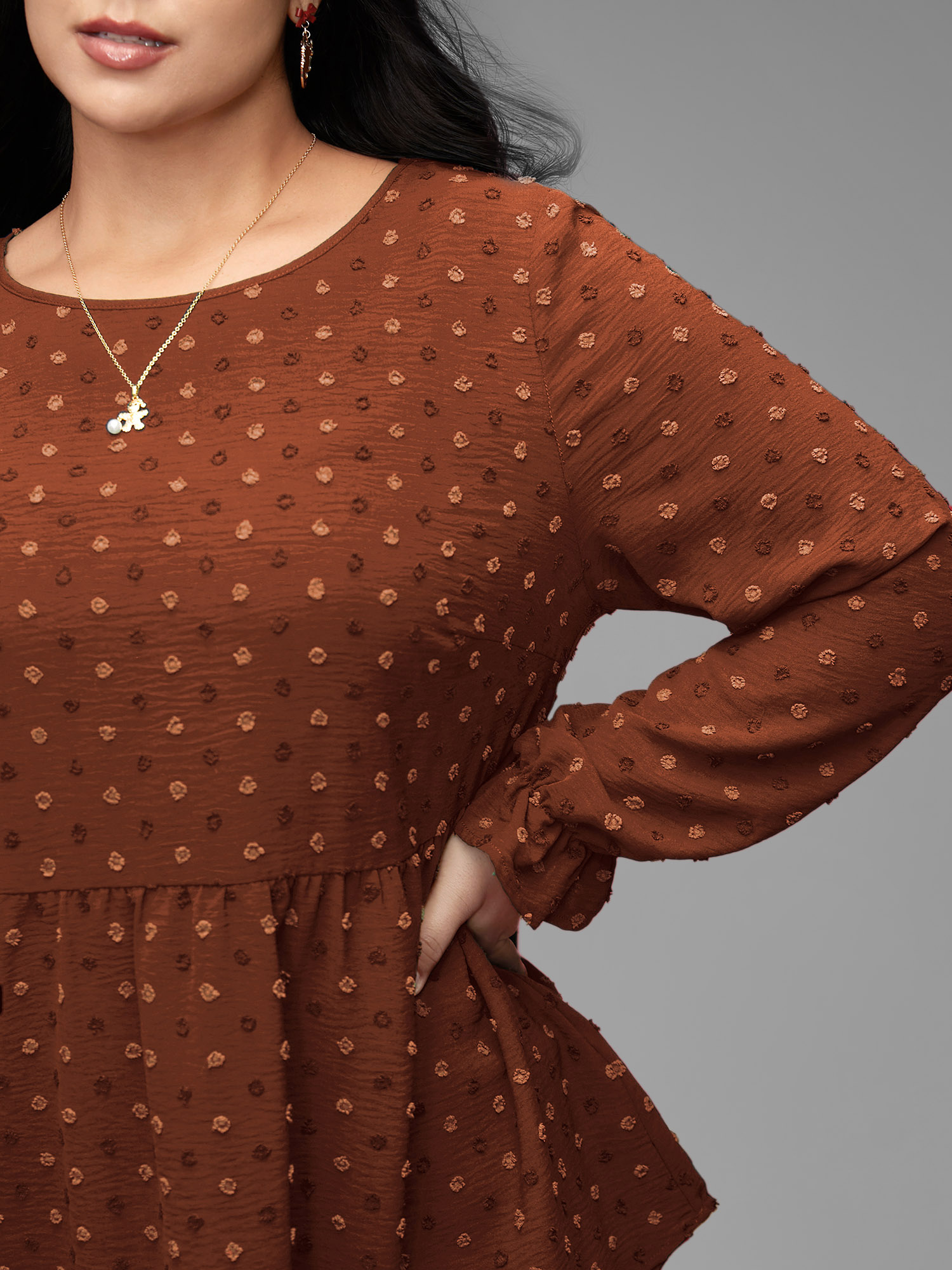 Plus Size Rust Textured Dot Elastic Cuffs A-line Blouse Women Casual Long Sleeve Round Neck Everyday Blouses BloomChic 22-24/3X 