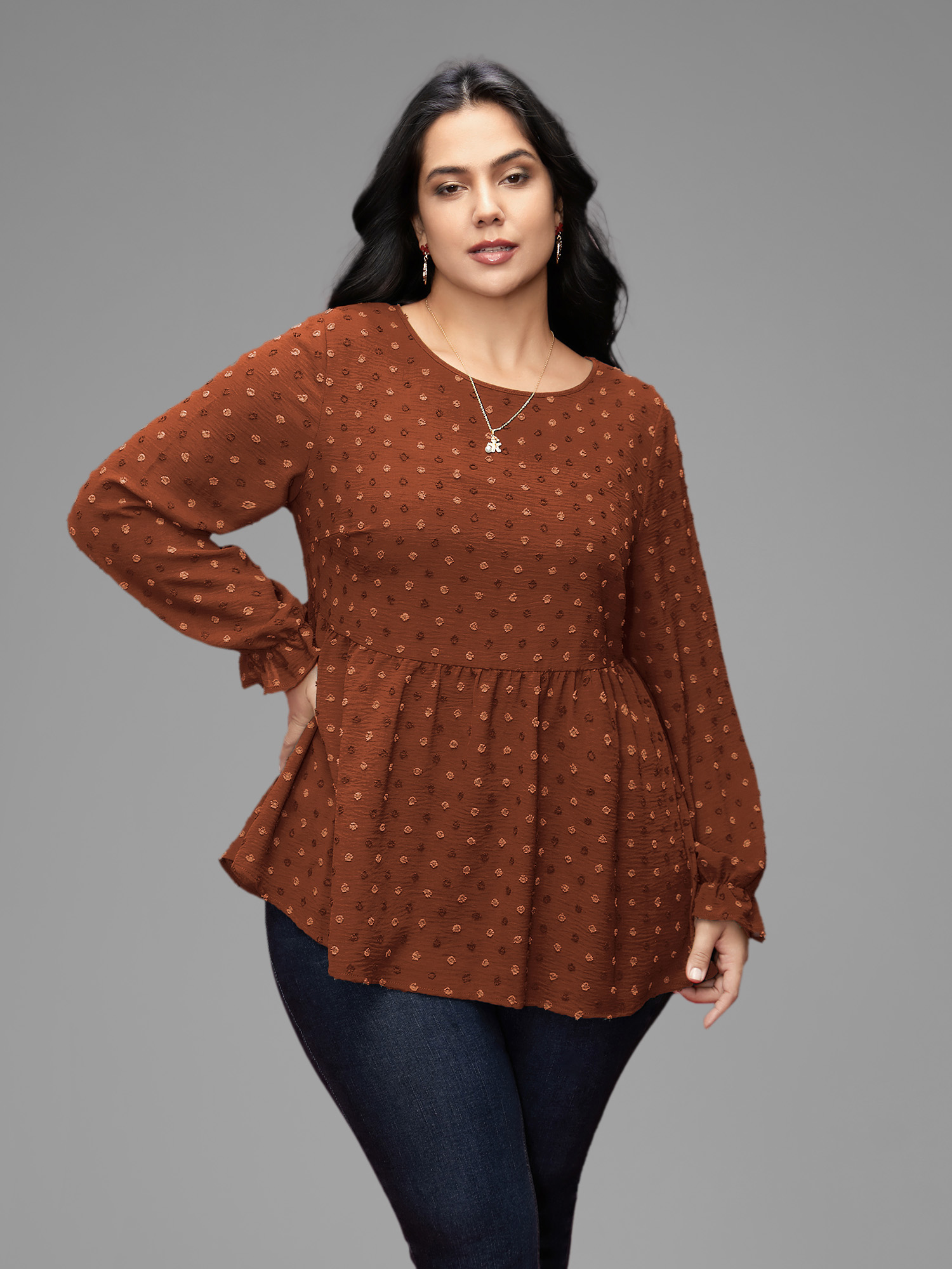 Plus Size Rust Textured Dot Elastic Cuffs A-line Blouse Women Casual Long Sleeve Round Neck Everyday Blouses BloomChic 22-24/3X 