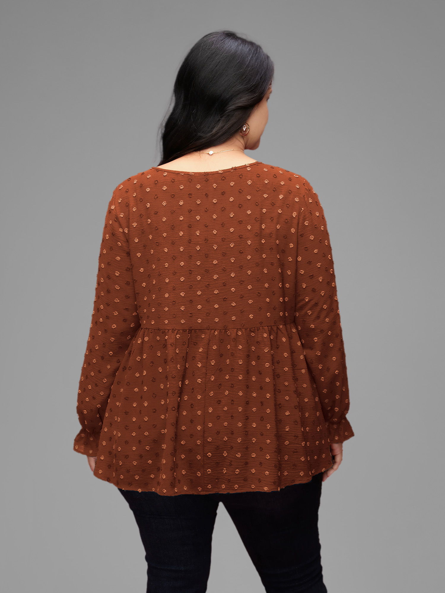 Plus Size Rust Textured Dot Elastic Cuffs A-line Blouse Women Casual Long Sleeve Round Neck Everyday Blouses BloomChic 22-24/3X 