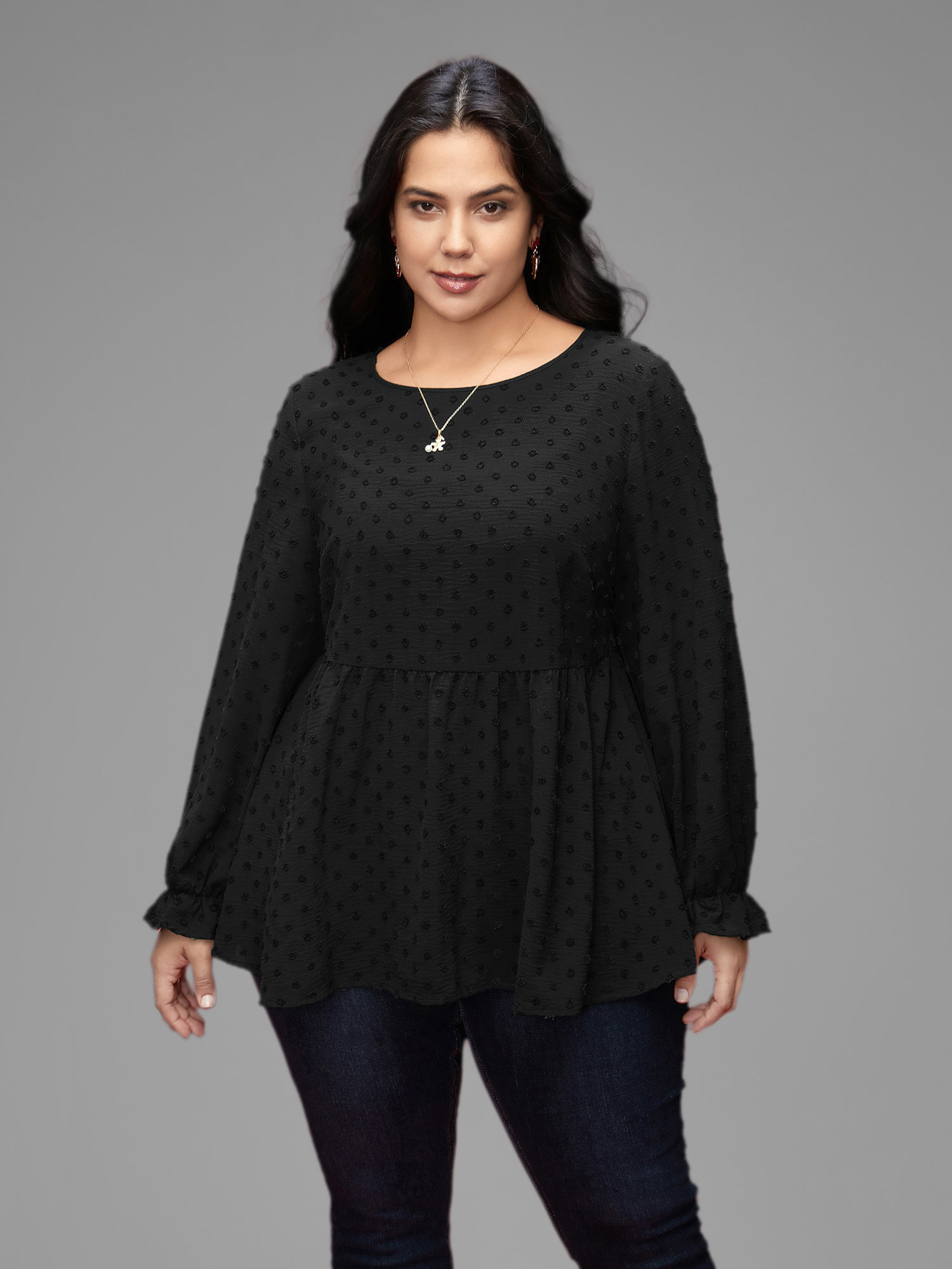 Plus Size Black Textured Dot Elastic Cuffs A-line Blouse Women Casual Long Sleeve Round Neck Everyday Blouses BloomChic 18-20/2X 