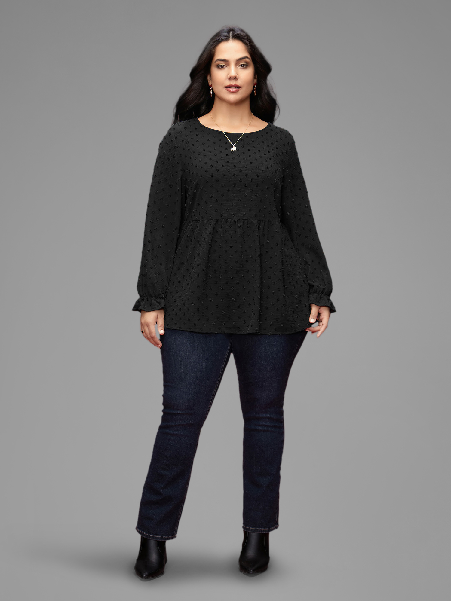 Plus Size Black Textured Dot Elastic Cuffs A-line Blouse Women Casual Long Sleeve Round Neck Everyday Blouses BloomChic 18-20/2X 