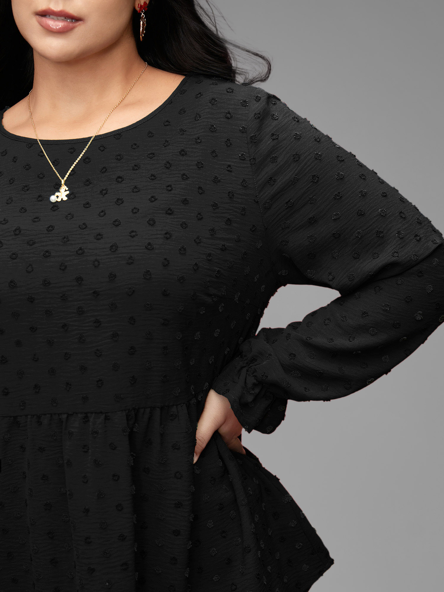 Plus Size Black Textured Dot Elastic Cuffs A-line Blouse Women Casual Long Sleeve Round Neck Everyday Blouses BloomChic 18-20/2X 