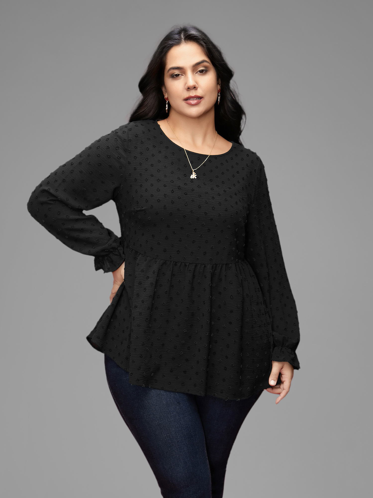 Plus Size Black Textured Dot Elastic Cuffs A-line Blouse Women Casual Long Sleeve Round Neck Everyday Blouses BloomChic 18-20/2X 