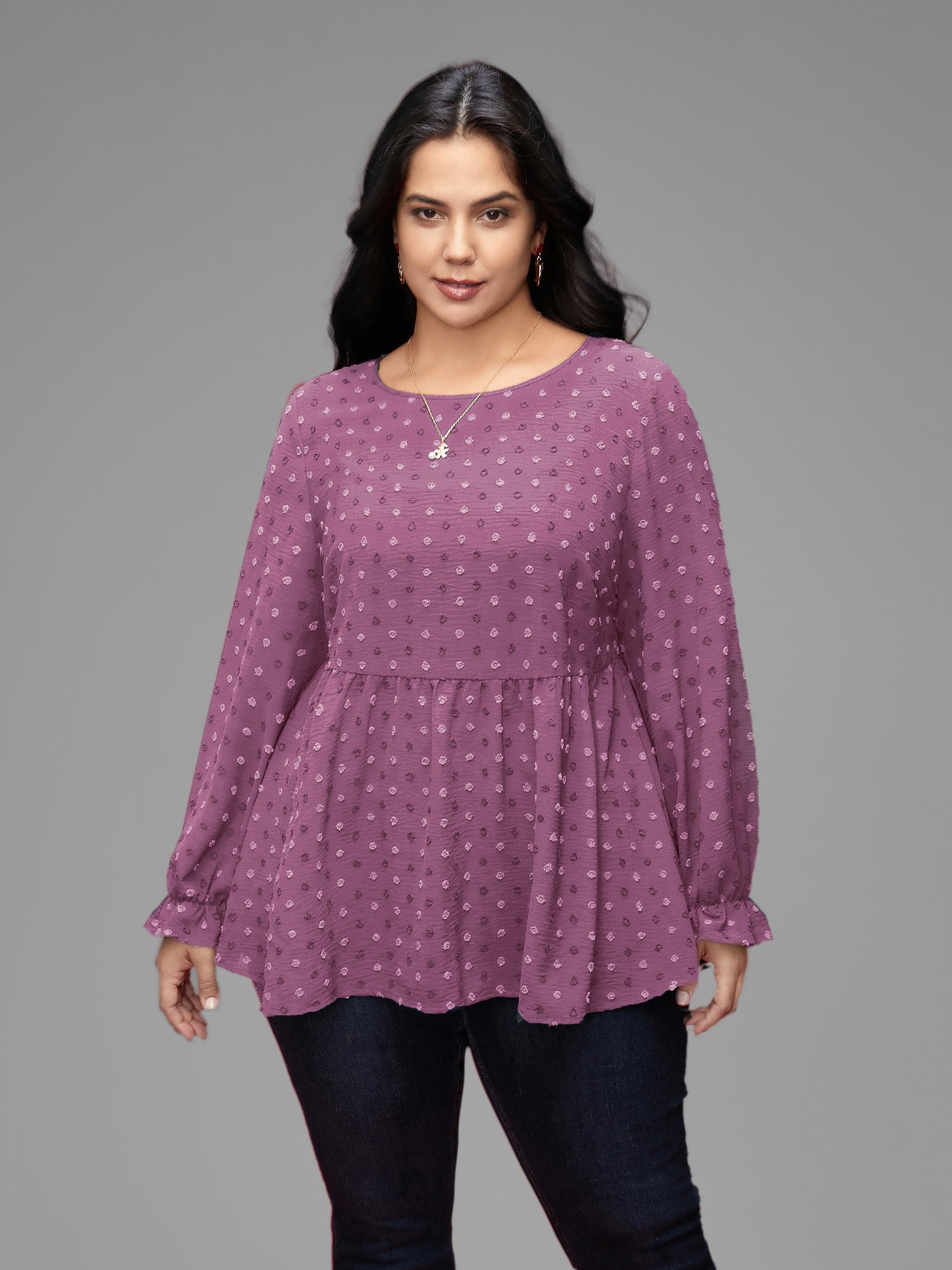 

Plus Size Lilac Textured Dot Elastic Cuffs A-line Blouse Women Casual Long Sleeve Round Neck Everyday Blouses BloomChic