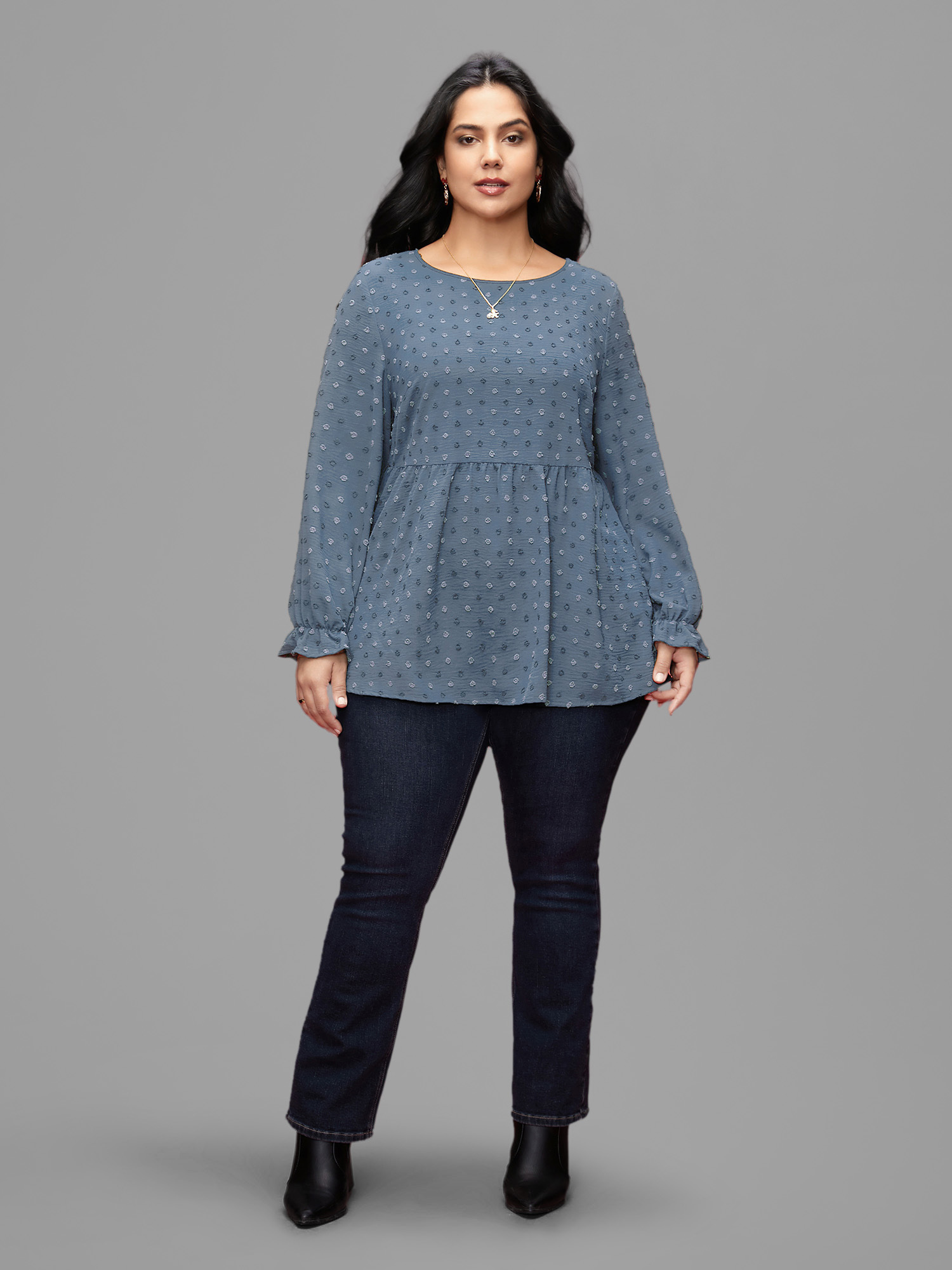 Plus Size Stone Textured Dot Elastic Cuffs A-line Blouse Women Casual Long Sleeve Round Neck Everyday Blouses BloomChic 26/4X 