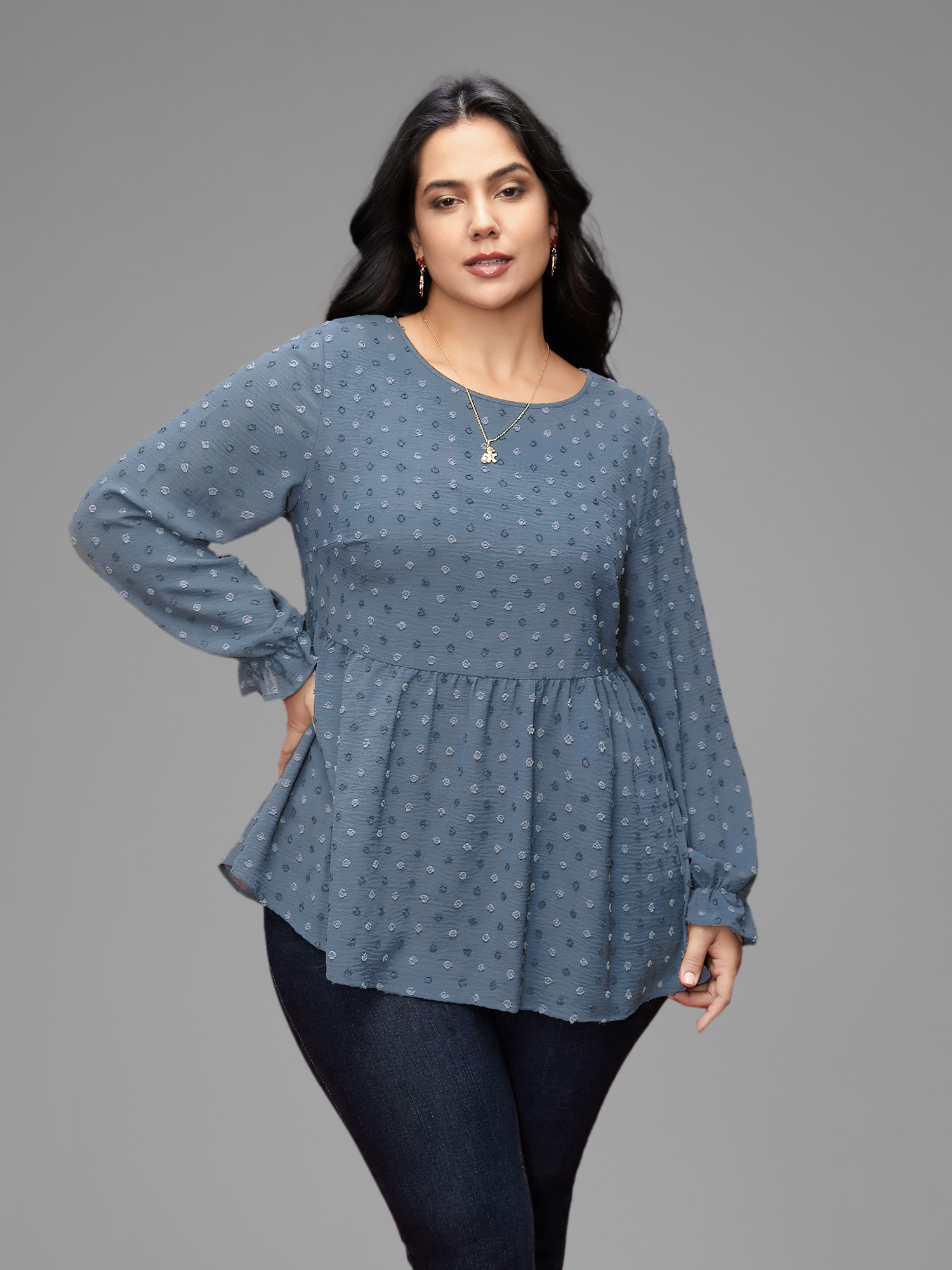 Plus Size Stone Textured Dot Elastic Cuffs A-line Blouse Women Casual Long Sleeve Round Neck Everyday Blouses BloomChic 26/4X 