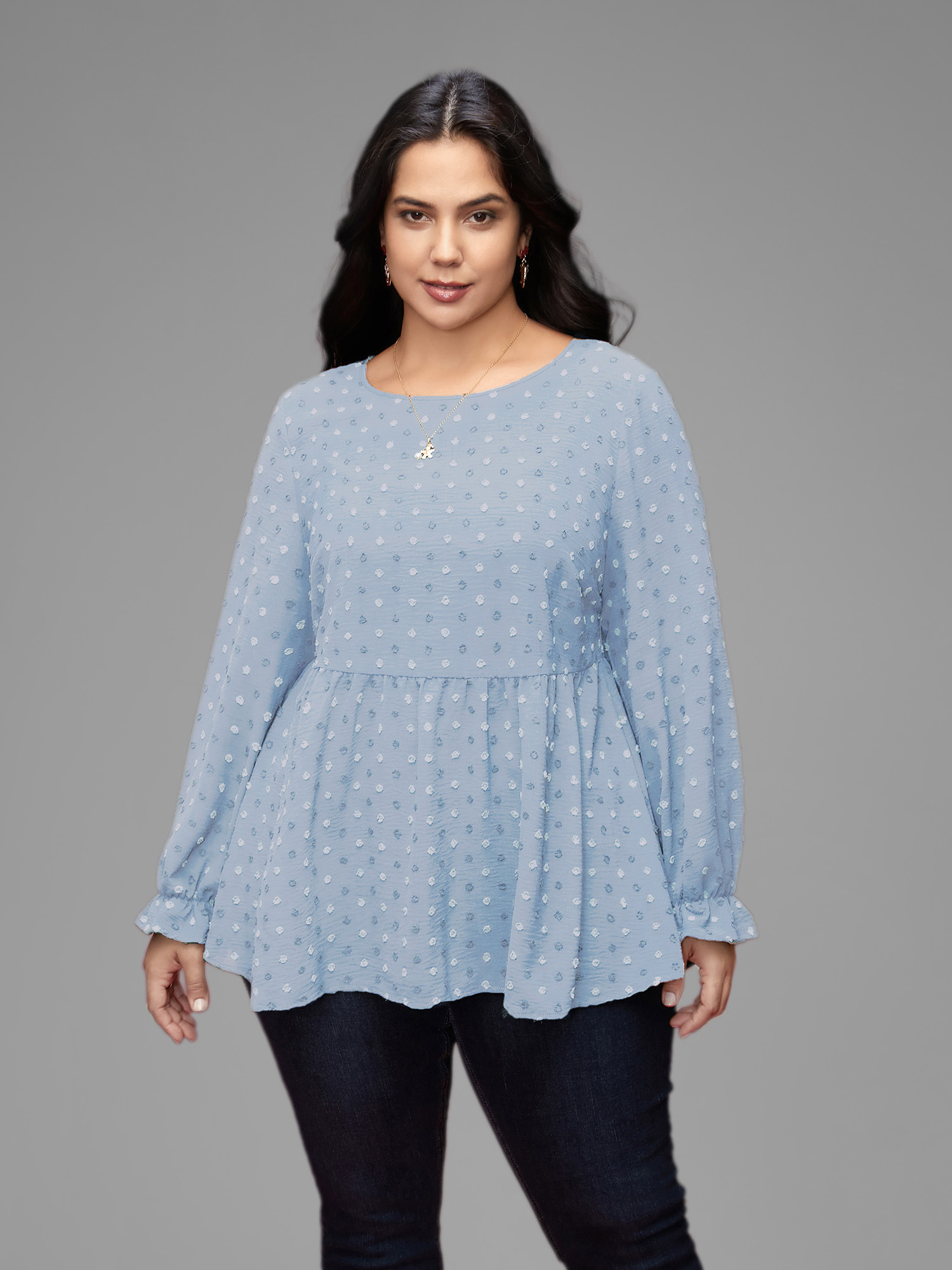 Plus Size LightBlue Textured Dot Elastic Cuffs A-line Blouse Women Casual Long Sleeve Round Neck Everyday Blouses BloomChic 12/L 