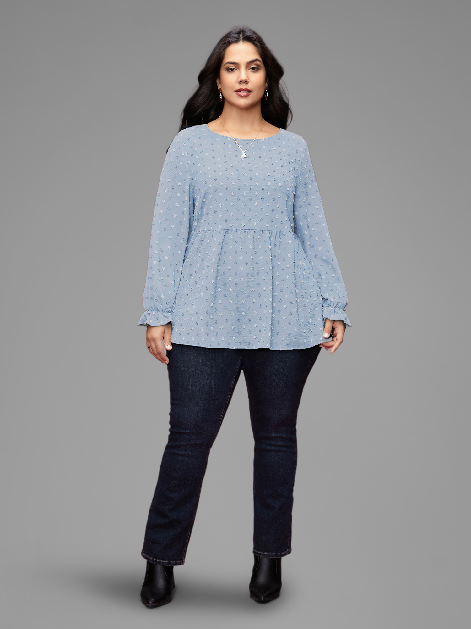 Plus Size LightBlue Textured Dot Elastic Cuffs A-line Blouse Women Casual Long Sleeve Round Neck Everyday Blouses BloomChic 12/L 