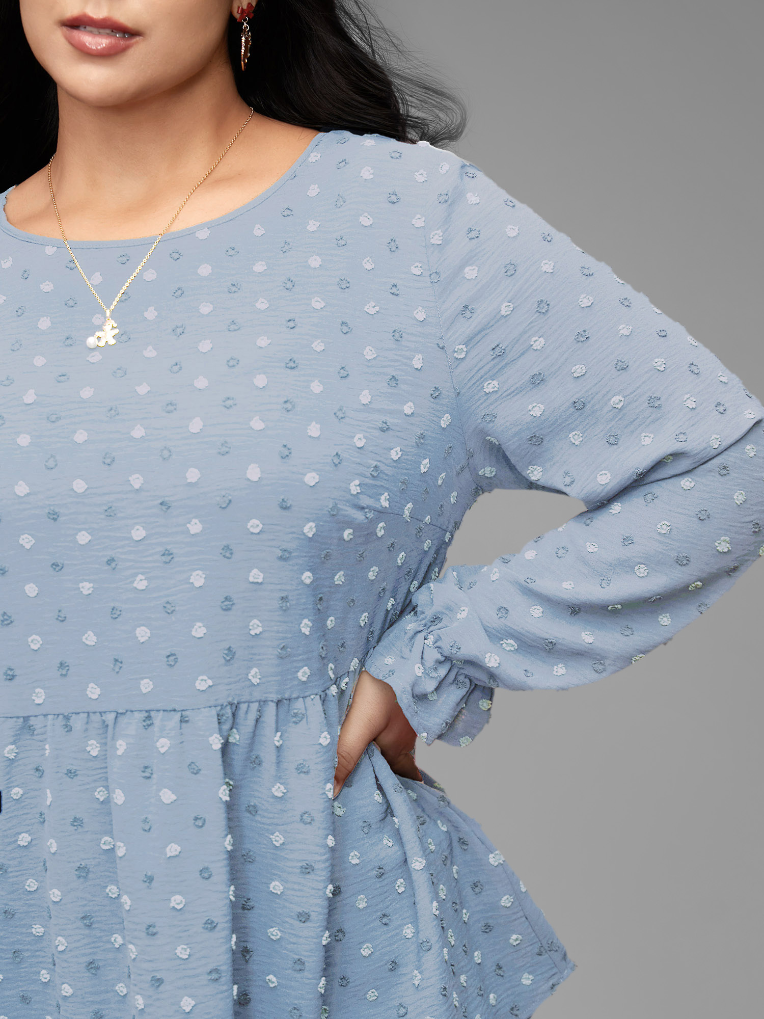 Plus Size LightBlue Textured Dot Elastic Cuffs A-line Blouse Women Casual Long Sleeve Round Neck Everyday Blouses BloomChic 12/L 