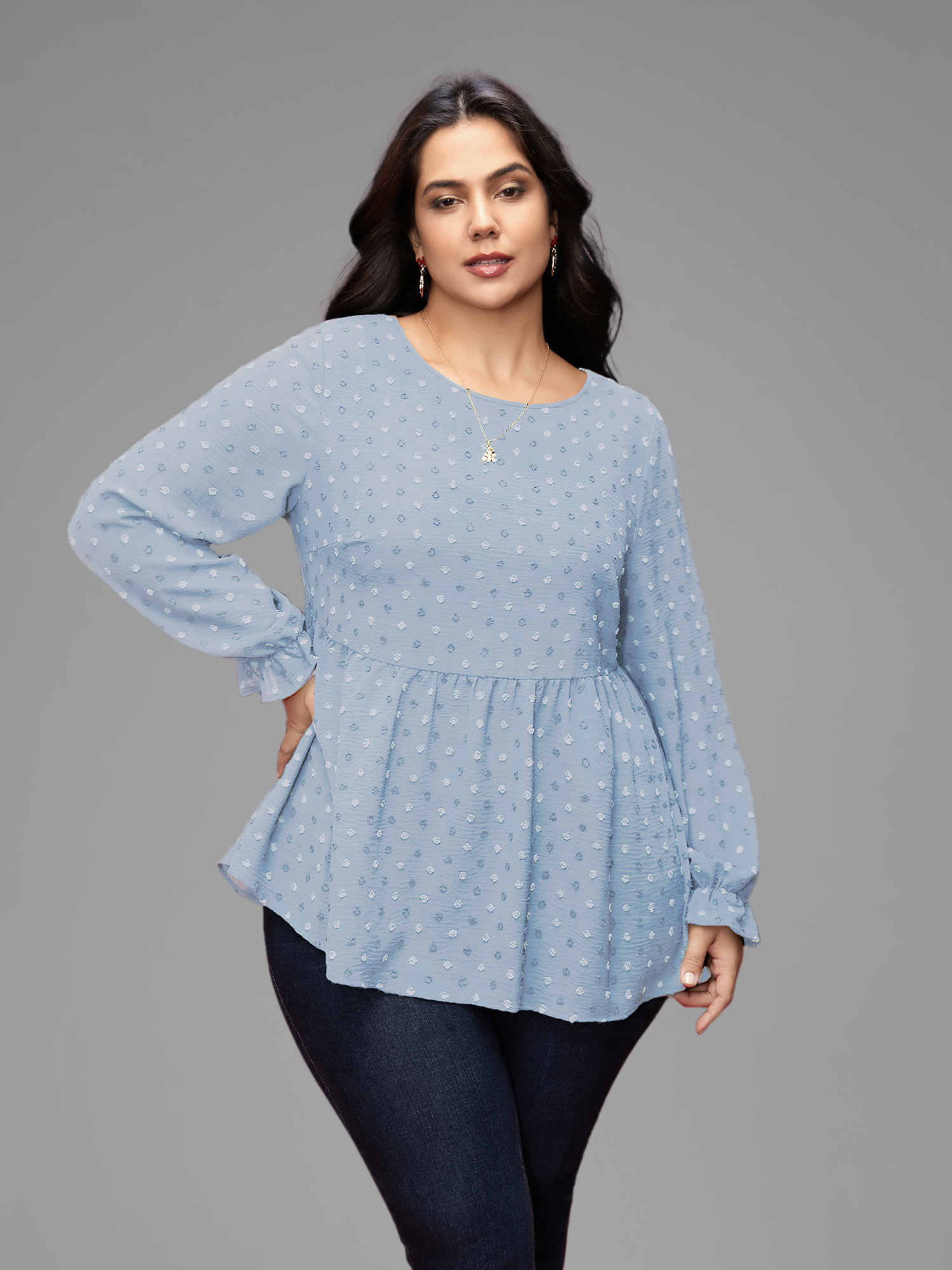 Plus Size LightBlue Textured Dot Elastic Cuffs A-line Blouse Women Casual Long Sleeve Round Neck Everyday Blouses BloomChic 12/L 