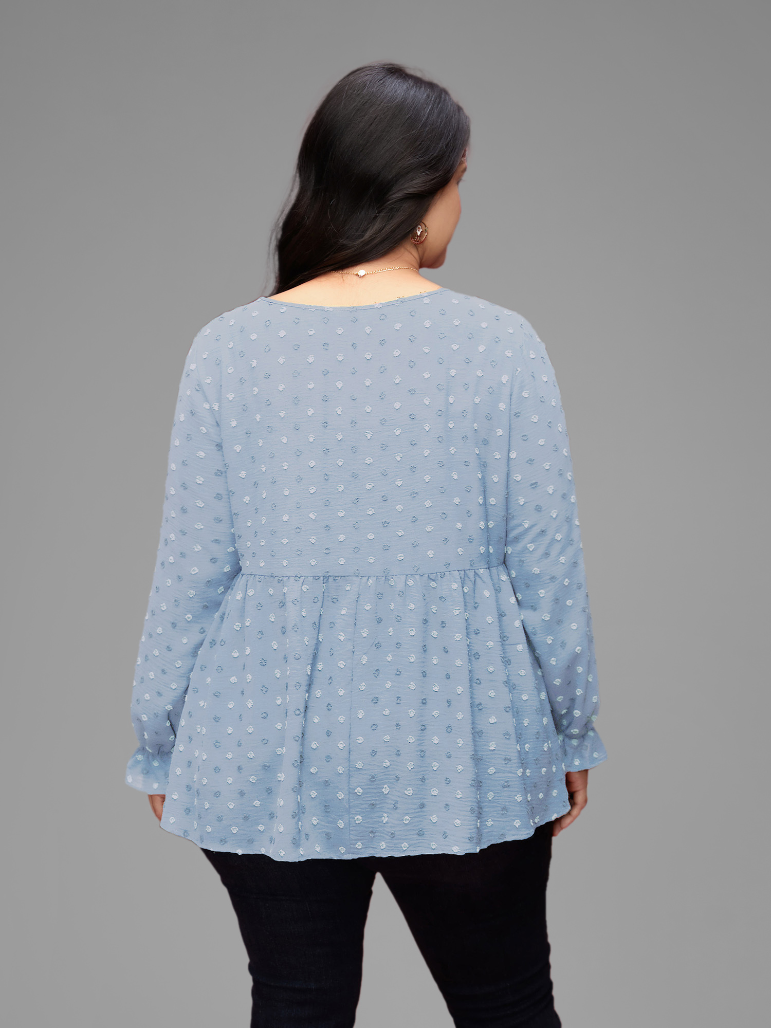 

Plus Size LightBlue Textured Dot Elastic Cuffs A-line Blouse Women Casual Long Sleeve Round Neck Everyday Blouses BloomChic