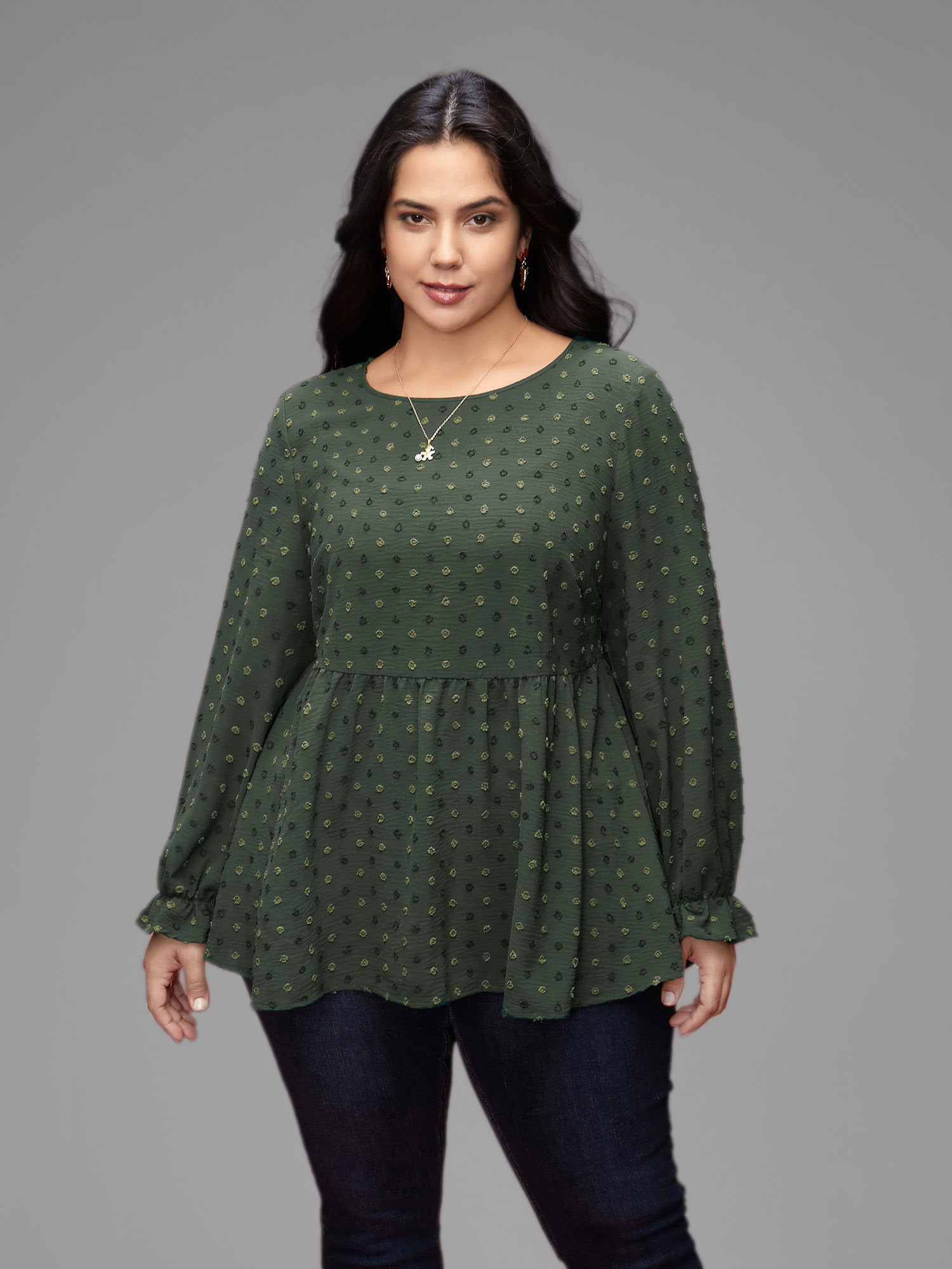 

Plus Size ArmyGreen Textured Dot Elastic Cuffs A-line Blouse Women Casual Long Sleeve Round Neck Everyday Blouses BloomChic