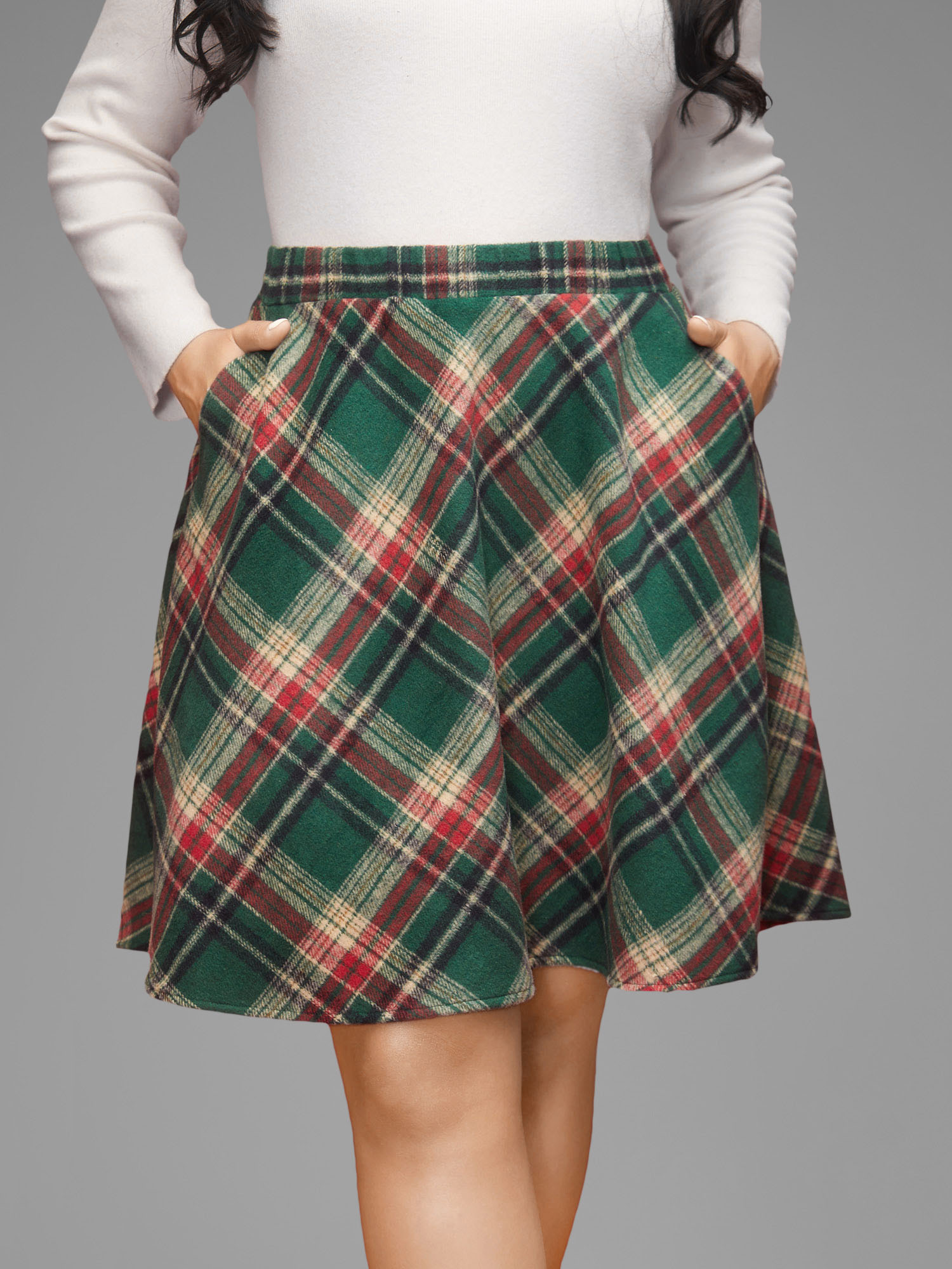 

Plus Size Plaid Pattern Elastic Waist A-line Mini Skirt Women DarkGreen Elegant Low stretch Slanted pocket Everyday Skirts BloomChic