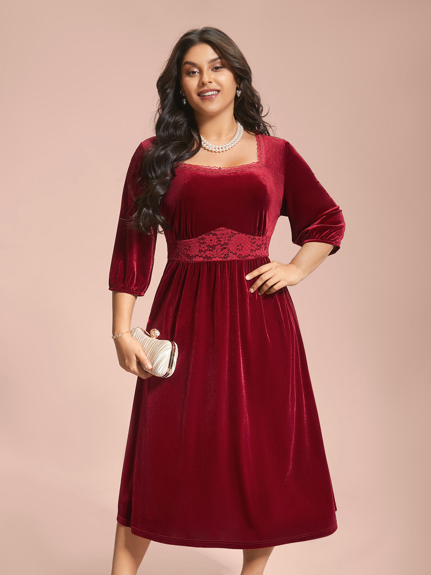 

Plus Size Velvet Lace Detail Waist-Cinched Dress Scarlet Women Elegant Woven ribbon&lace trim Heart neckline Elbow-length sleeve Curvy BloomChic