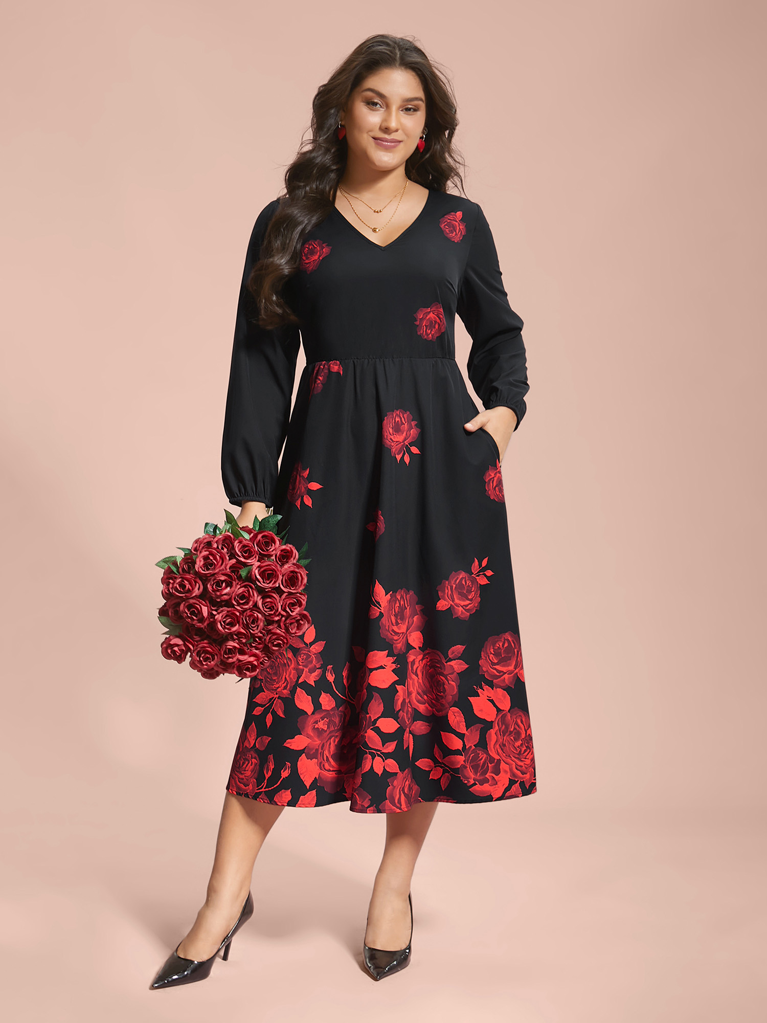 

Plus Size Rose Print Waist-Cinched Midi Dress BlackFlower Women Elegant Non V-neck Long Sleeve Curvy BloomChic 30/4X