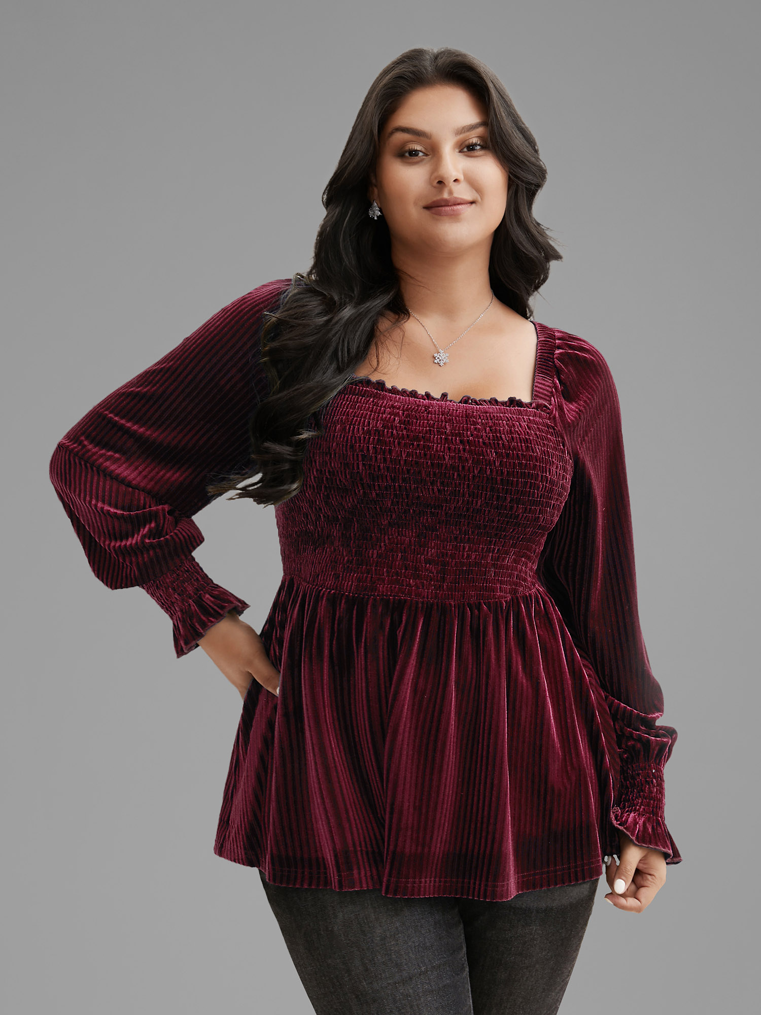 

Plus Size Velvet Smocked Bodice Jersey Top Burgundy Square Neck Extra Long Sleeve Elegant Jersey Tops