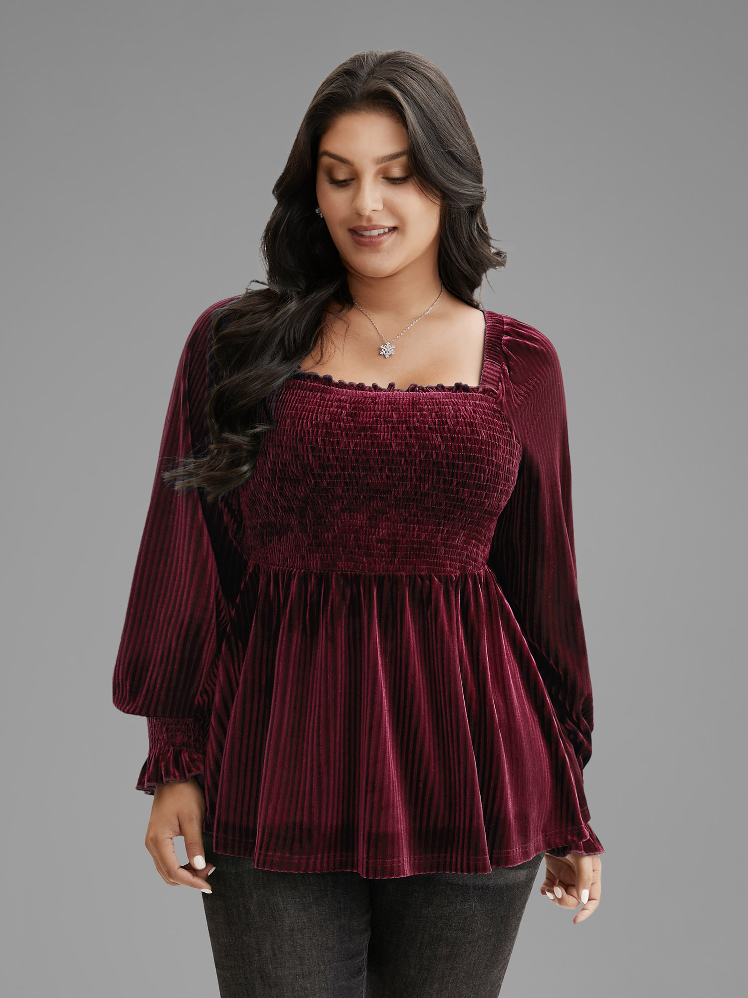 

Plus Size Velvet Smocked Bodice Jersey Top Burgundy Square Neck Extra Long Sleeve Elegant Jersey Tops