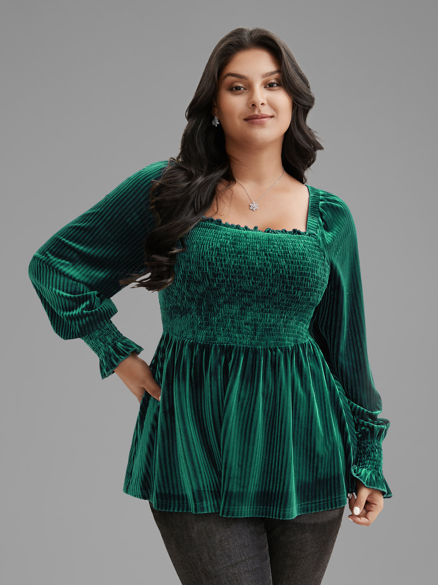 

Plus Size Velvet Smocked Bodice Jersey Top DarkGreen Square Neck Extra Long Sleeve Elegant Jersey Tops