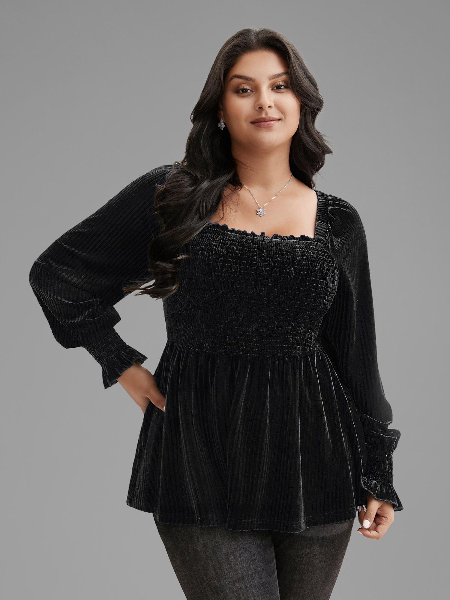 

Plus Size Velvet Smocked Bodice Jersey Top Black Square Neck Extra Long Sleeve Elegant Jersey Tops