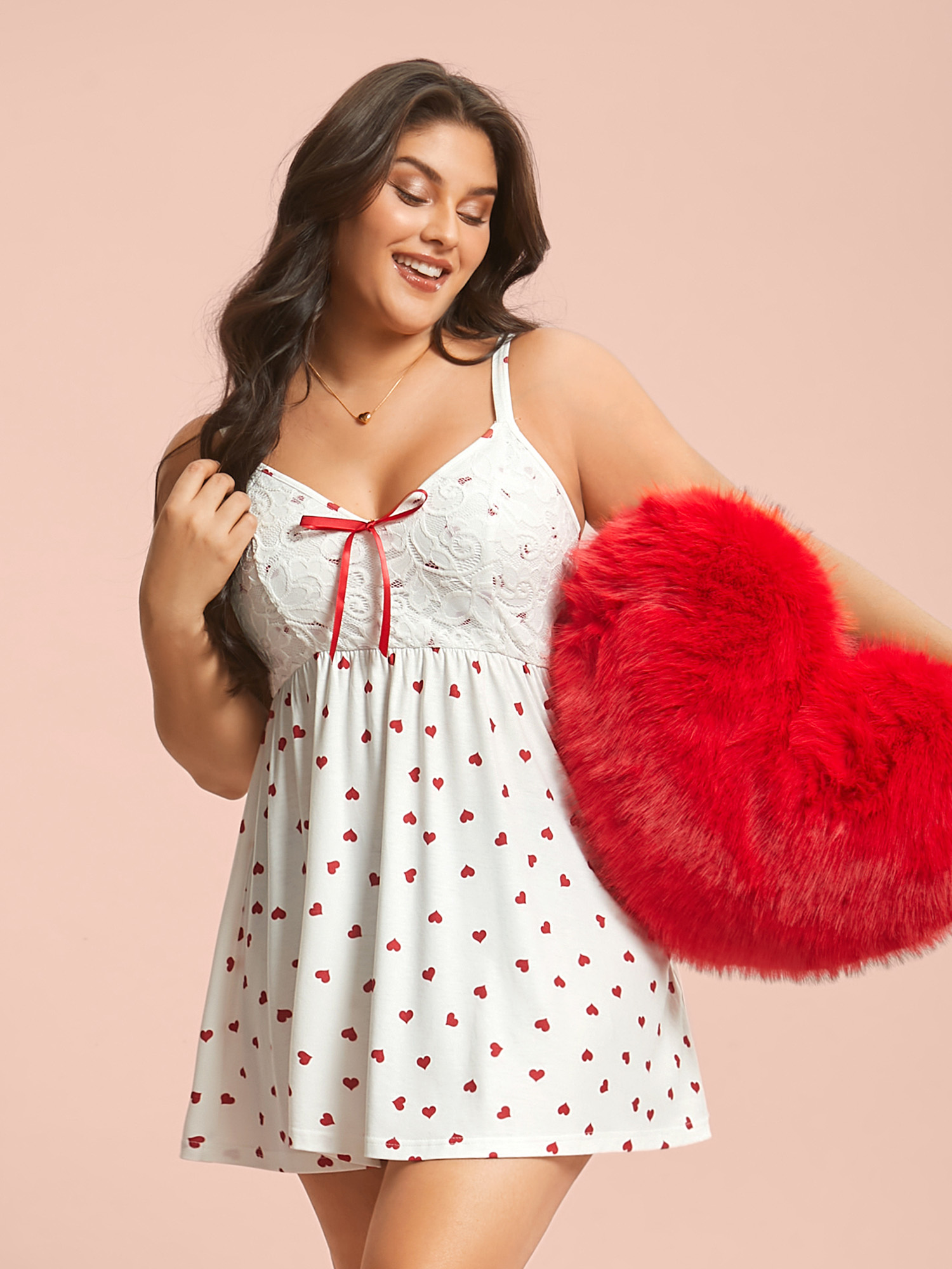 

Plus Size Bow Lace Heart Print Lounge Dress Women Originalwhite Lounge Woven ribbon&lace trim V-neck Loungewear BloomChic 30/4X