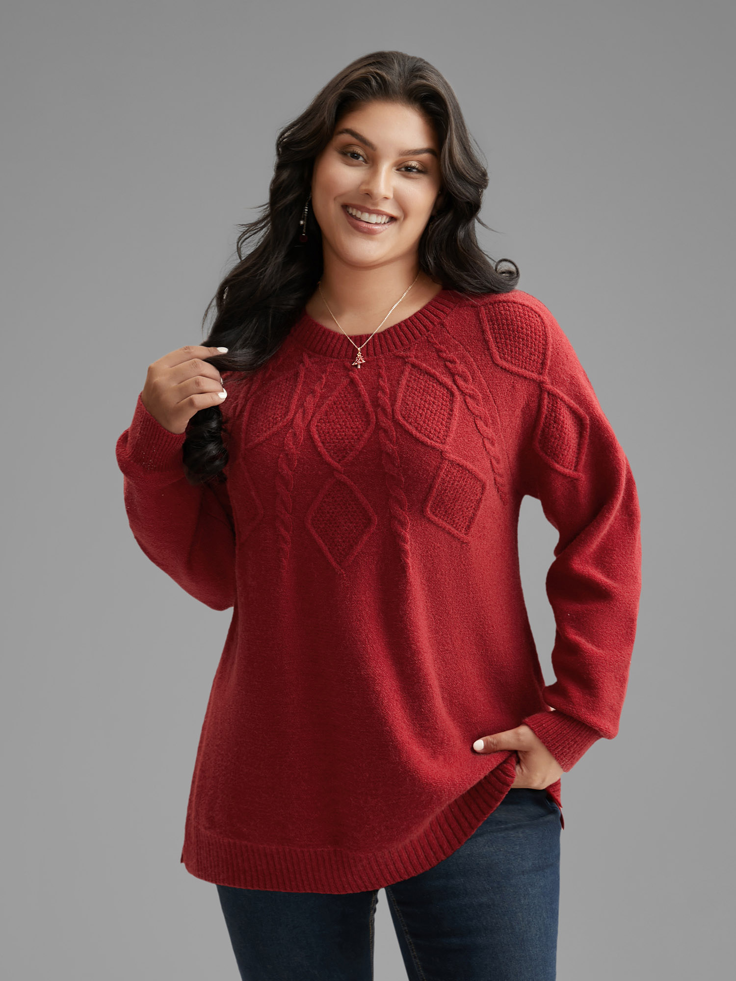 

Plus Size Cable Knit Bodice Crew-Neck Pullover Brightred Women Casual Loose Long Sleeve Round Neck Everyday Pullovers BloomChic