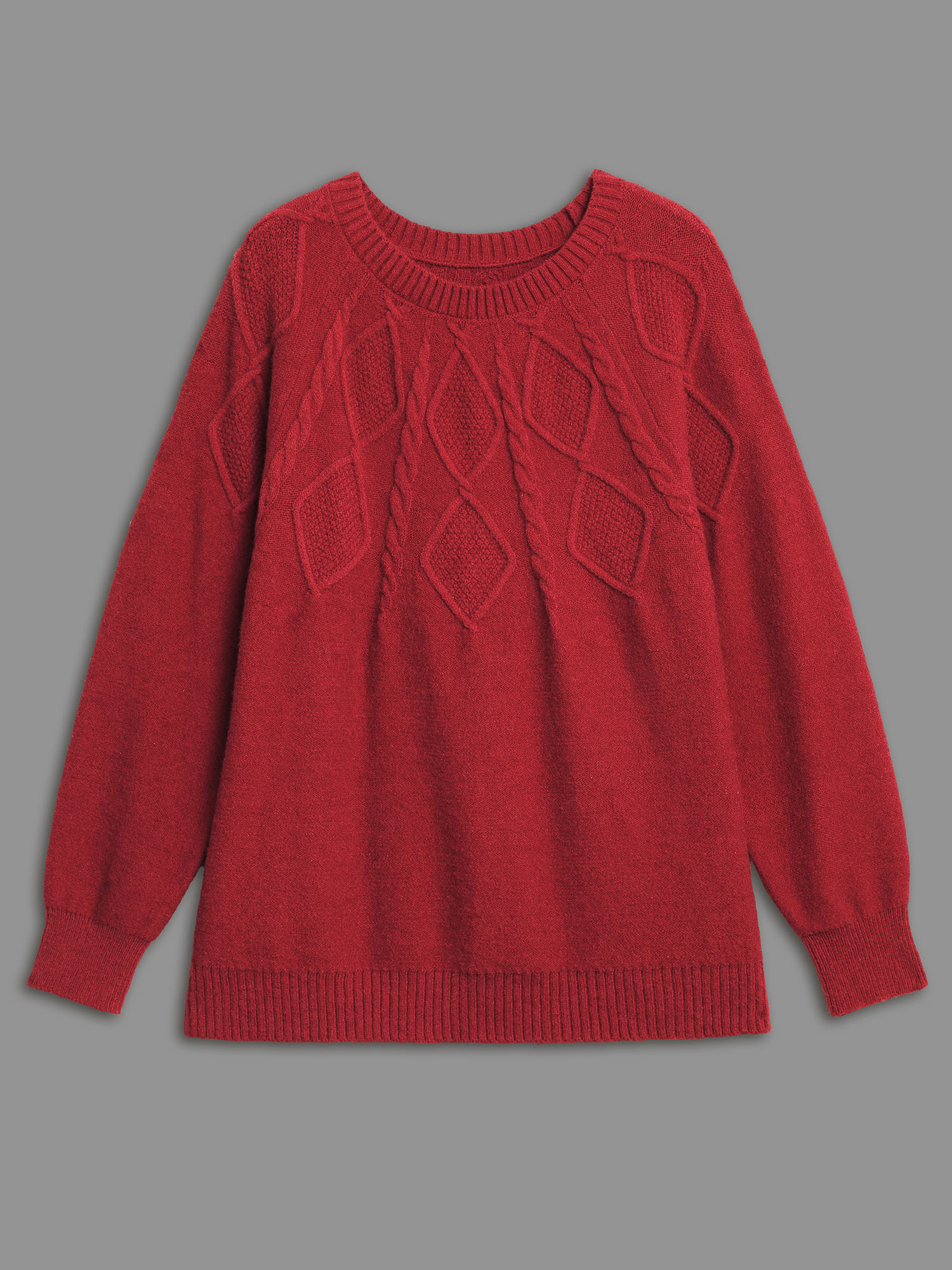 

Plus Size Cable Knit Bodice Crew-Neck Pullover Brightred Women Casual Loose Long Sleeve Round Neck Everyday Pullovers BloomChic