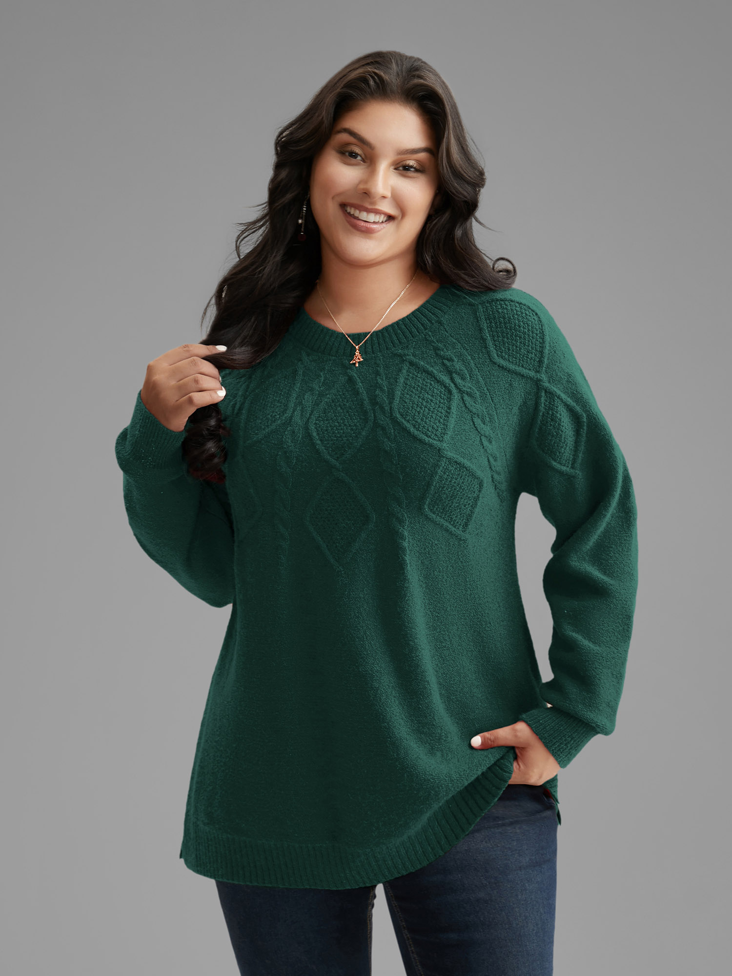 

Plus Size Cable Knit Bodice Crew-Neck Pullover DarkGreen Women Casual Loose Long Sleeve Round Neck Everyday Pullovers BloomChic