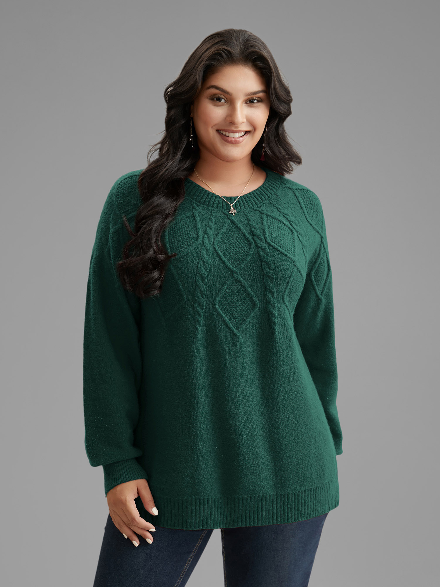 

Plus Size Cable Knit Bodice Crew-Neck Pullover DarkGreen Women Casual Loose Long Sleeve Round Neck Everyday Pullovers BloomChic