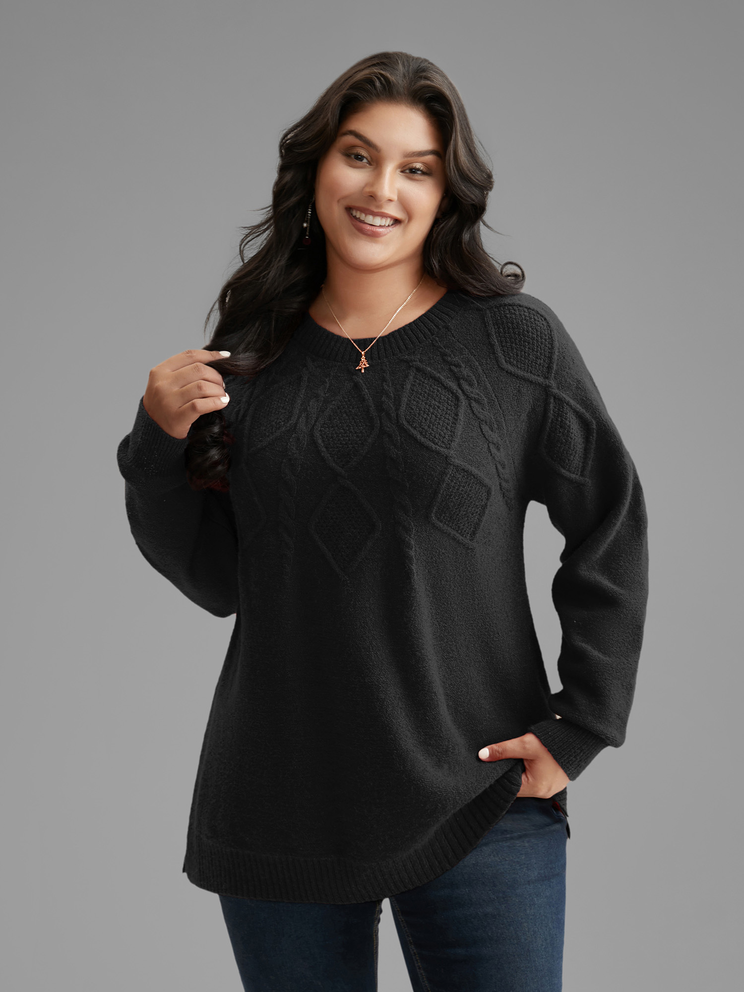 

Plus Size Cable Knit Bodice Crew-Neck Pullover Black Women Casual Loose Long Sleeve Round Neck Everyday Pullovers BloomChic