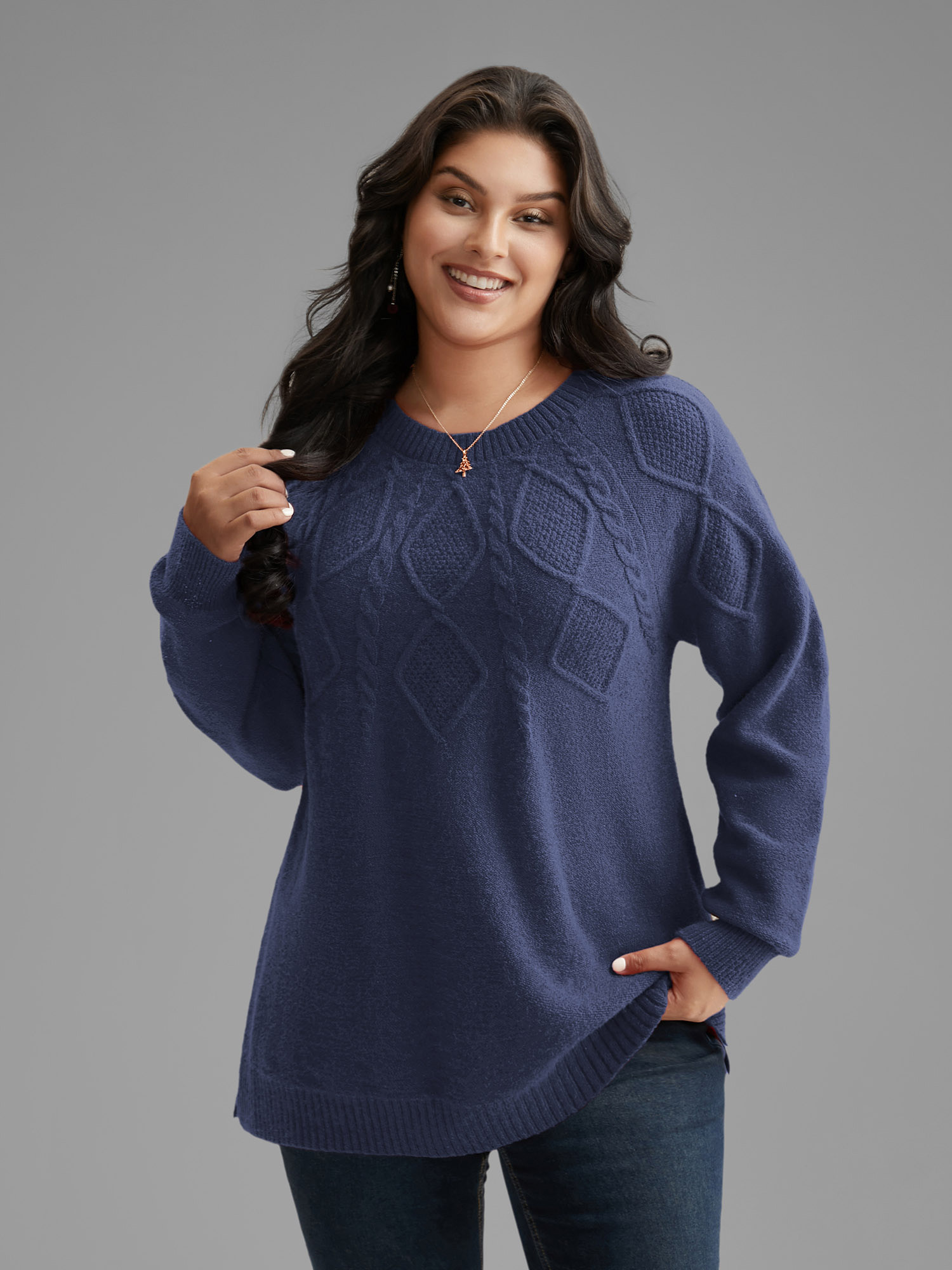 

Plus Size Cable Knit Bodice Crew-Neck Pullover Indigo Women Casual Loose Long Sleeve Round Neck Everyday Pullovers BloomChic