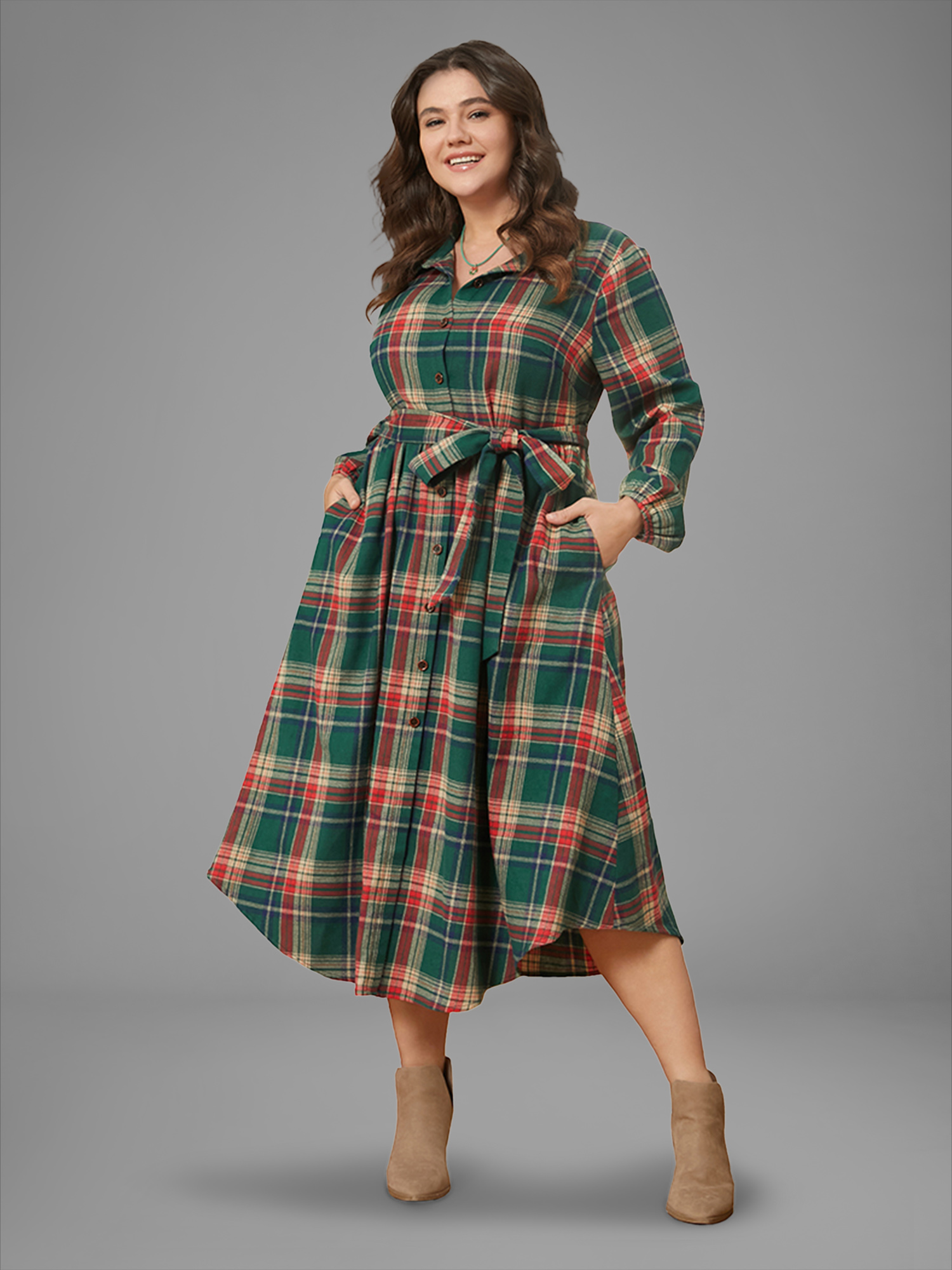 

Plaid Plus Size Women Dailywear Midi Dress Pocket Slightly Stretchy Lantern Sleeve Long Sleeve Shirt Collar Pocket Belt Elegance Dresses BloomChic, Multicolor