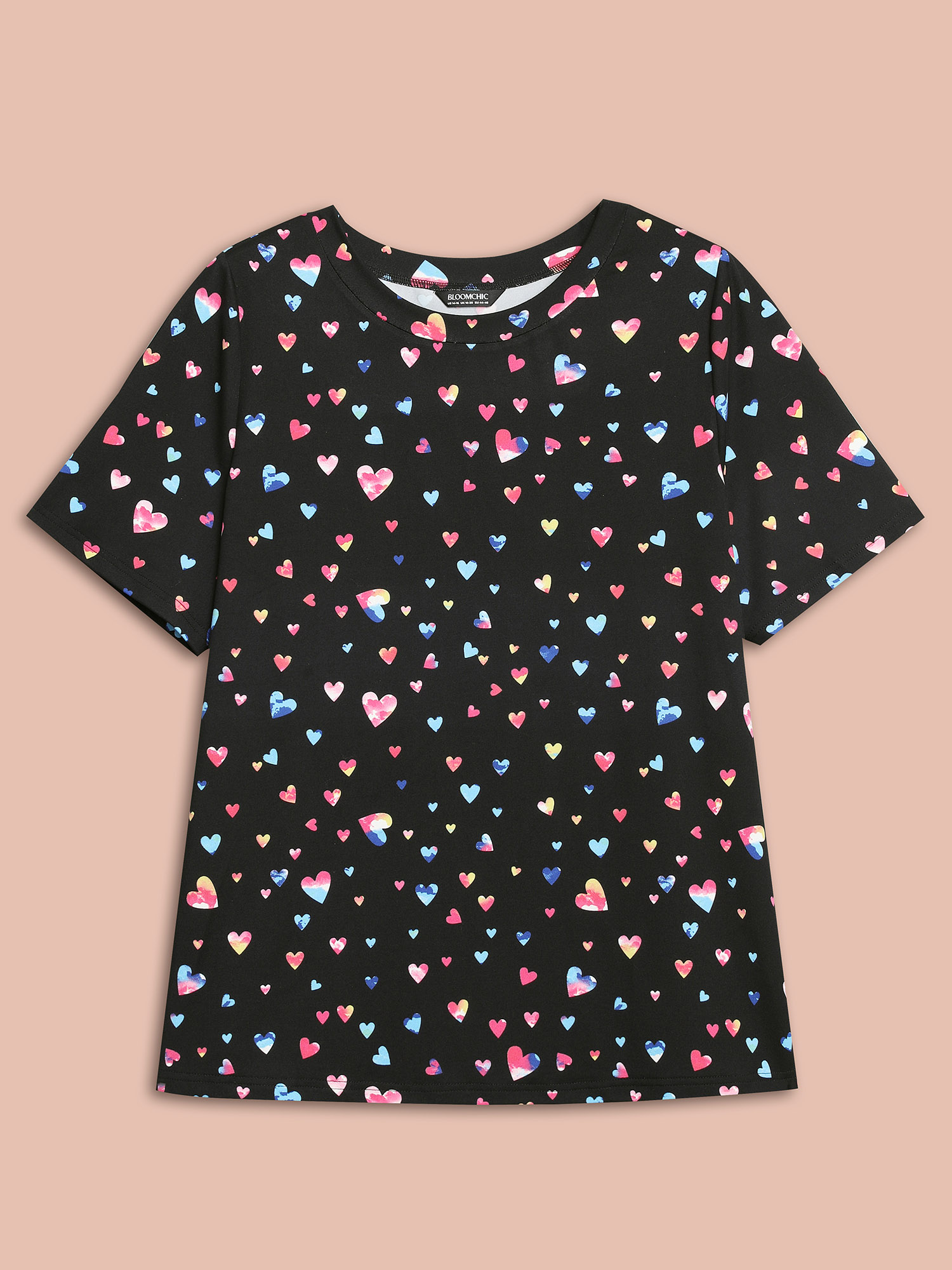 

Plus Size Multi-Color Hearts Printed Stretchy T-Shirt Black Women Elegant Contrast Round Neck Everyday T-shirts BloomChic 32/5X