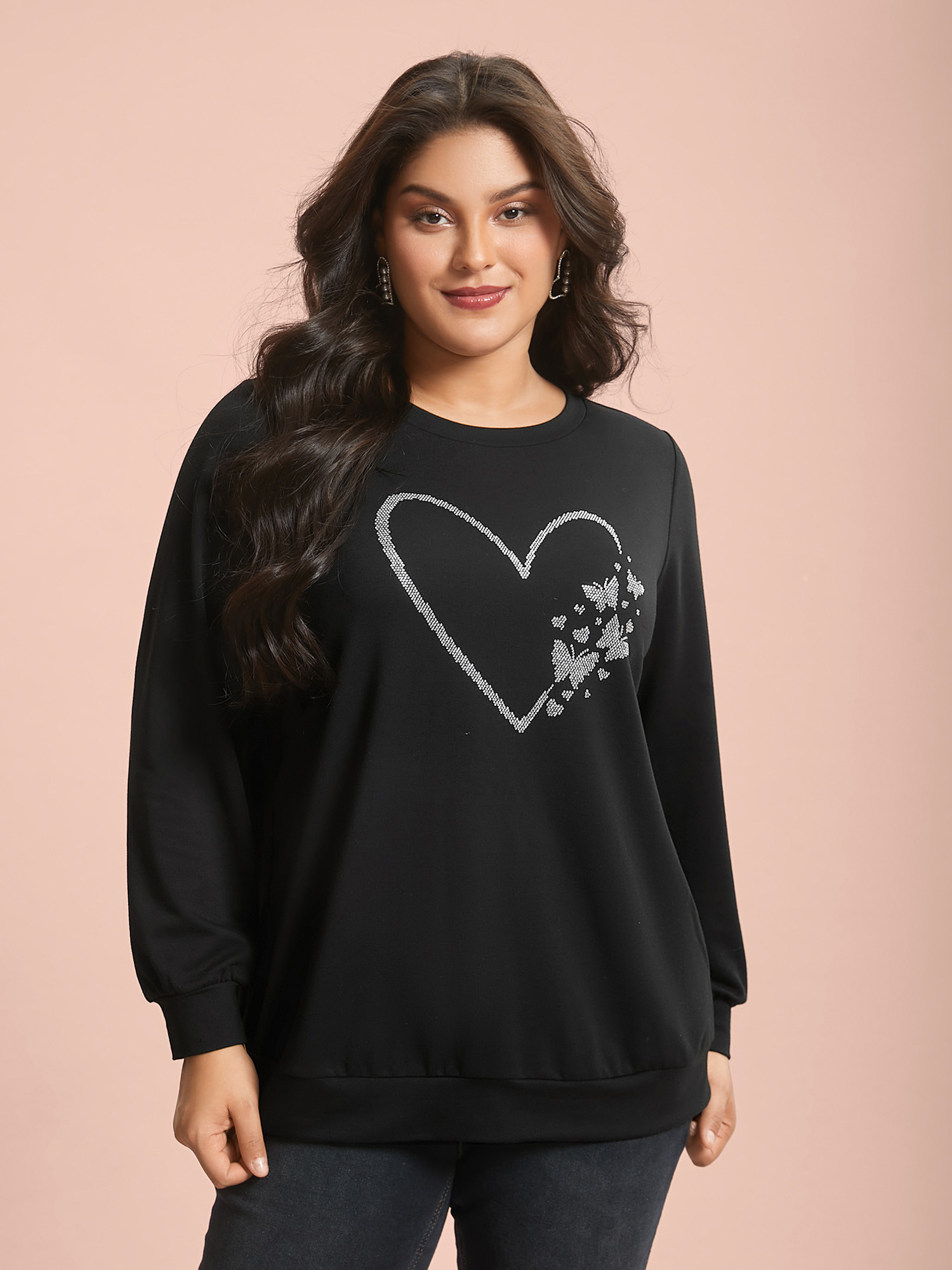 

Plus Size Love Rhinestone Shiny Stretchy Fitted Sweatshirt Women Black Elegant Rhinestone detailing Round Neck Everyday Sweatshirts BloomChic 32/5X