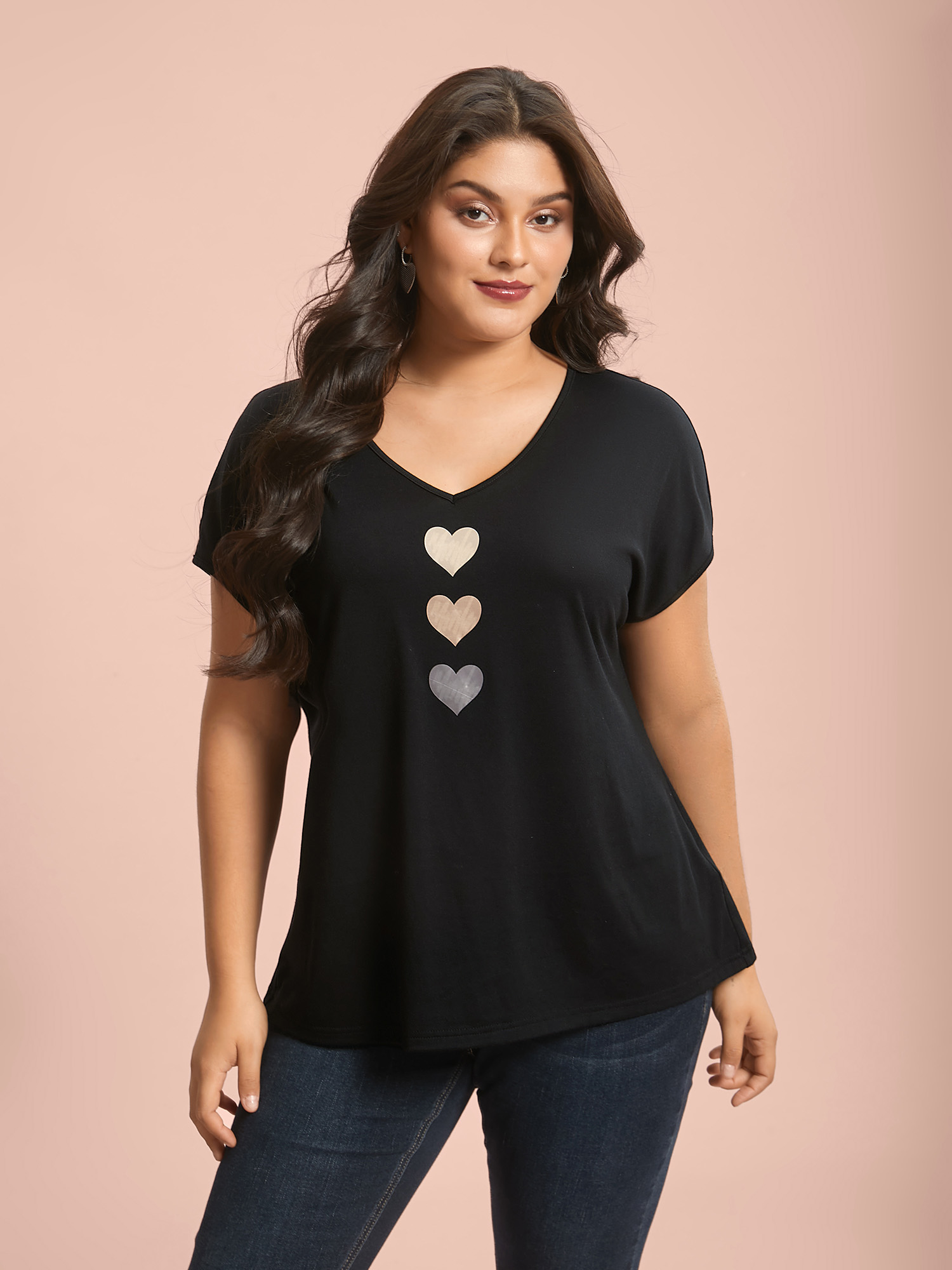 

Plus Size Heart Print Stretchy Dolman Sleeve T-Shirt Black Women Casual Non V-neck Everyday T-shirts BloomChic 22-24/2X