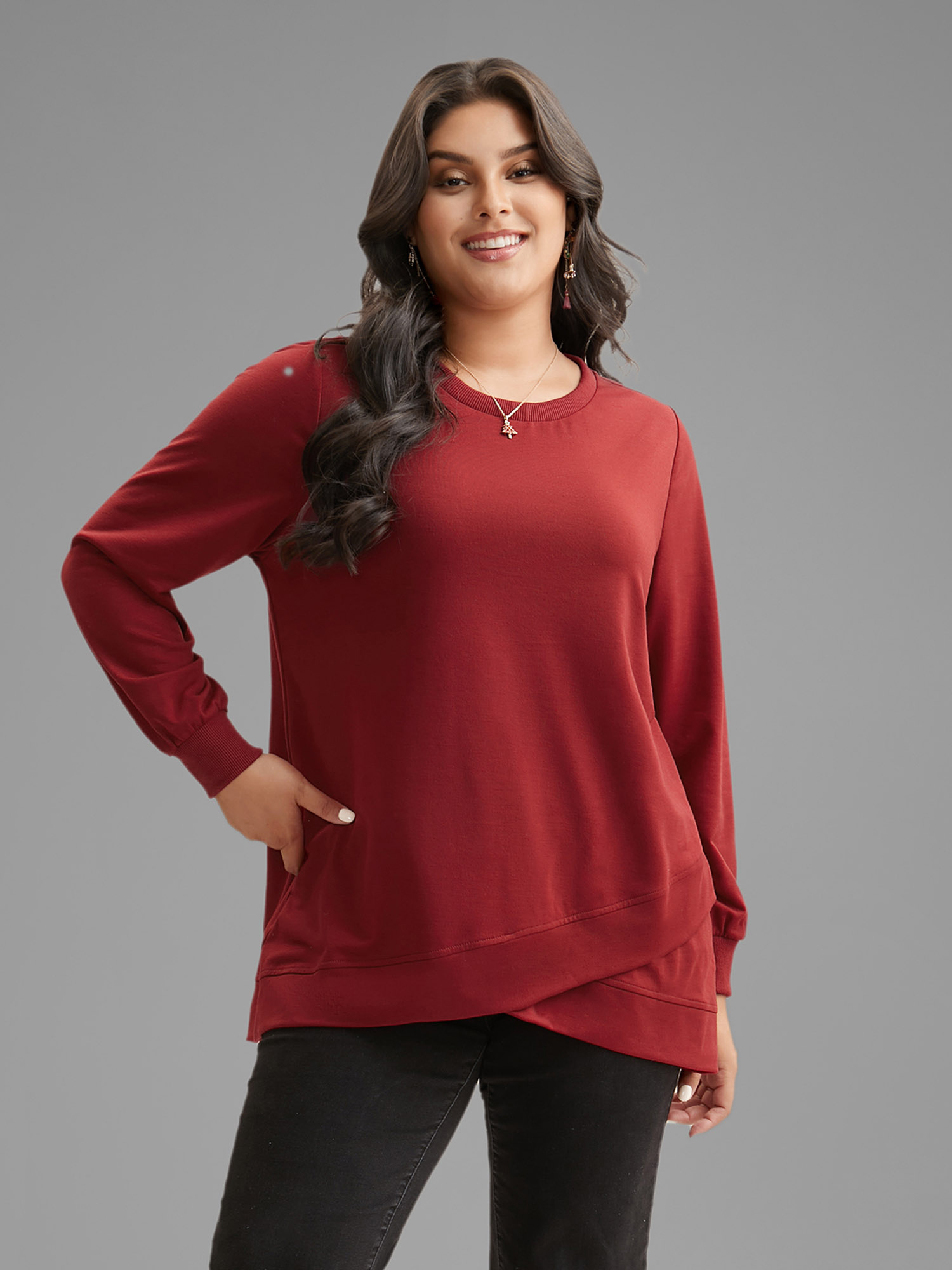 

Plus Size Overlapping Hem Round Neck Sweatshirt Women Burgundy Casual Overlapping Round Neck Everyday Sweatshirts BloomChic