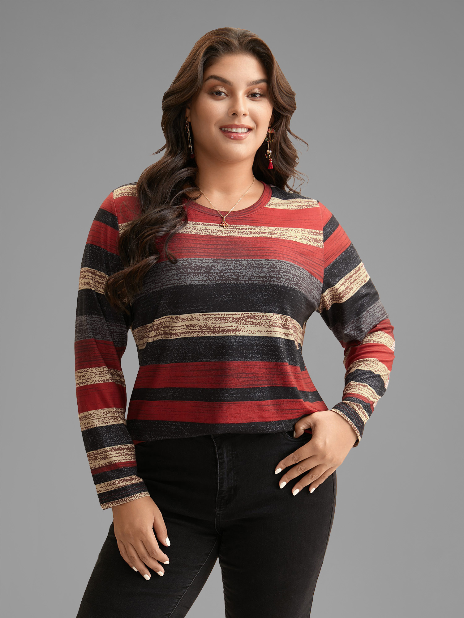 

Plus Size Holiday Colorful Striped Tee Multicolor Women Casual Contrast Round Neck Everyday T-shirts BloomChic