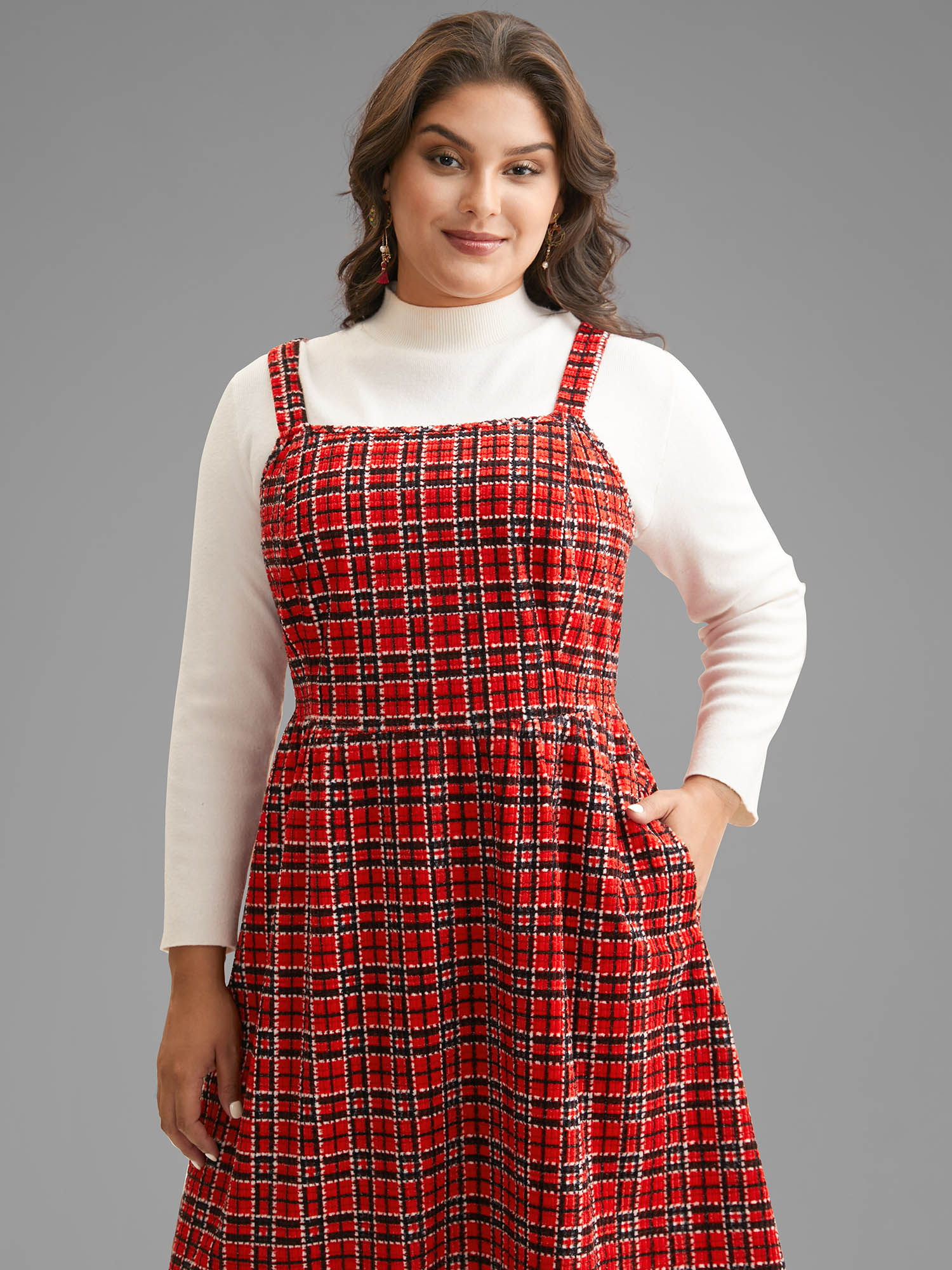 

Plus Size Plaid Pinafore Elastic Waist Midi Dress Scarlet Women Elegant Texture Square Neck Sleeveless Curvy BloomChic