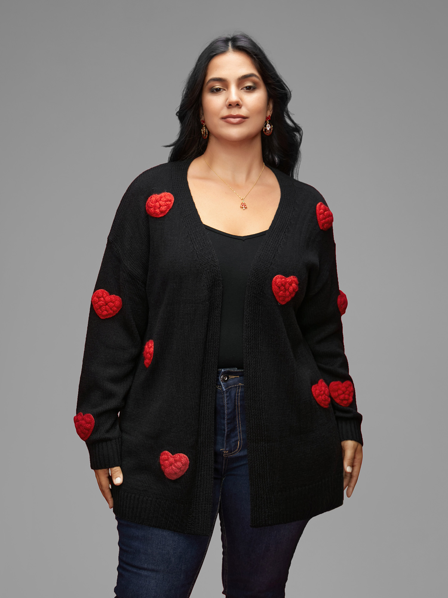 

Plus Size Hand Crocheted Hearts V-neck Cardigan Black Women Casual Loose Long Sleeve Everyday Cardigans BloomChic