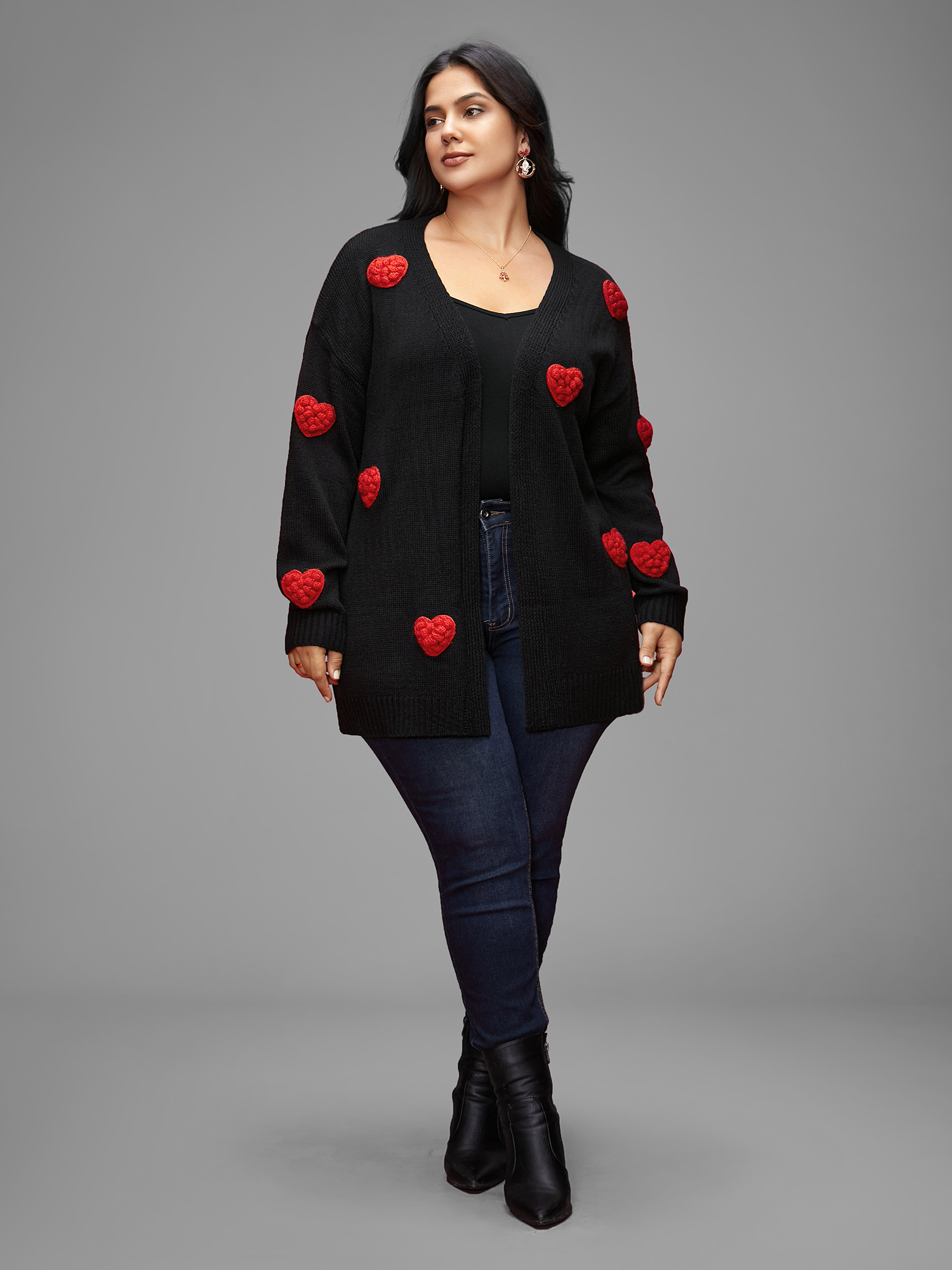 

Plus Size Hand Crocheted Hearts V-neck Cardigan Black Women Casual Loose Long Sleeve Everyday Cardigans BloomChic