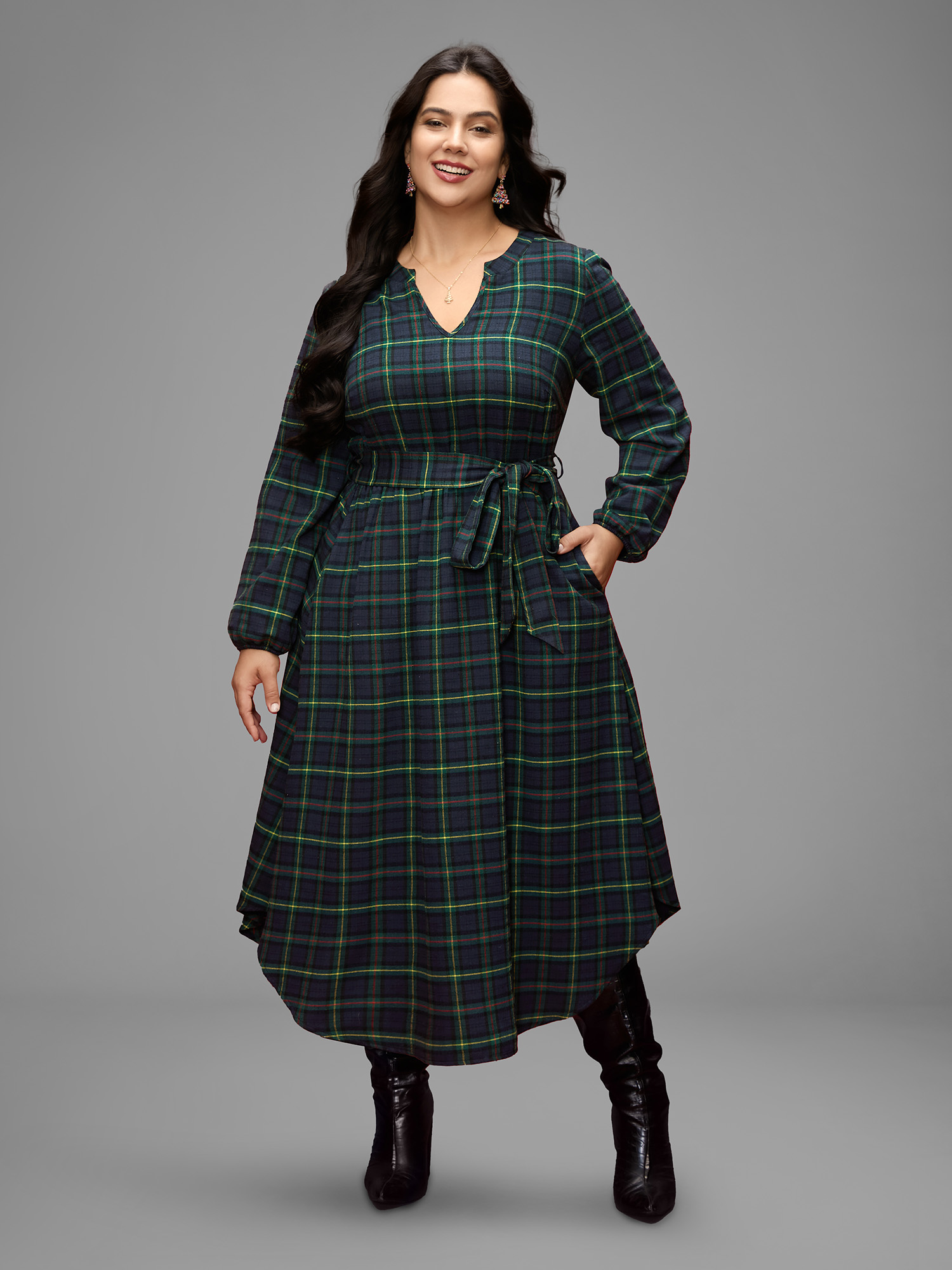 

Plus Size Notched Collar Plaid Pattern Belted Midi Dress Navy Women At the Office Belted Flat collar with V-notch Long Sleeve Curvy BloomChic