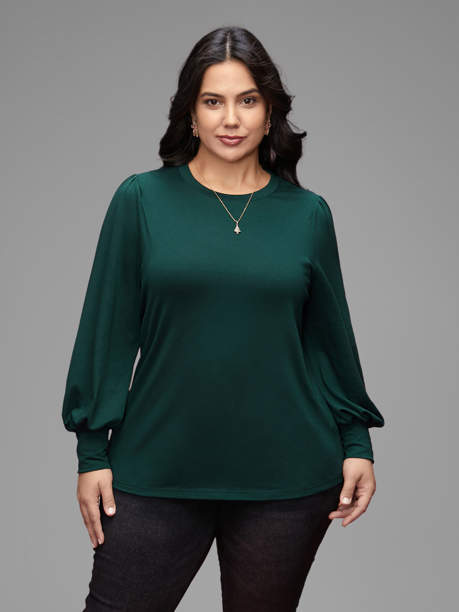 

Plus Size Round Neck Balloon Sleeves A-line Tee DarkGreen Women Elegant Gathered Round Neck Everyday T-shirts BloomChic