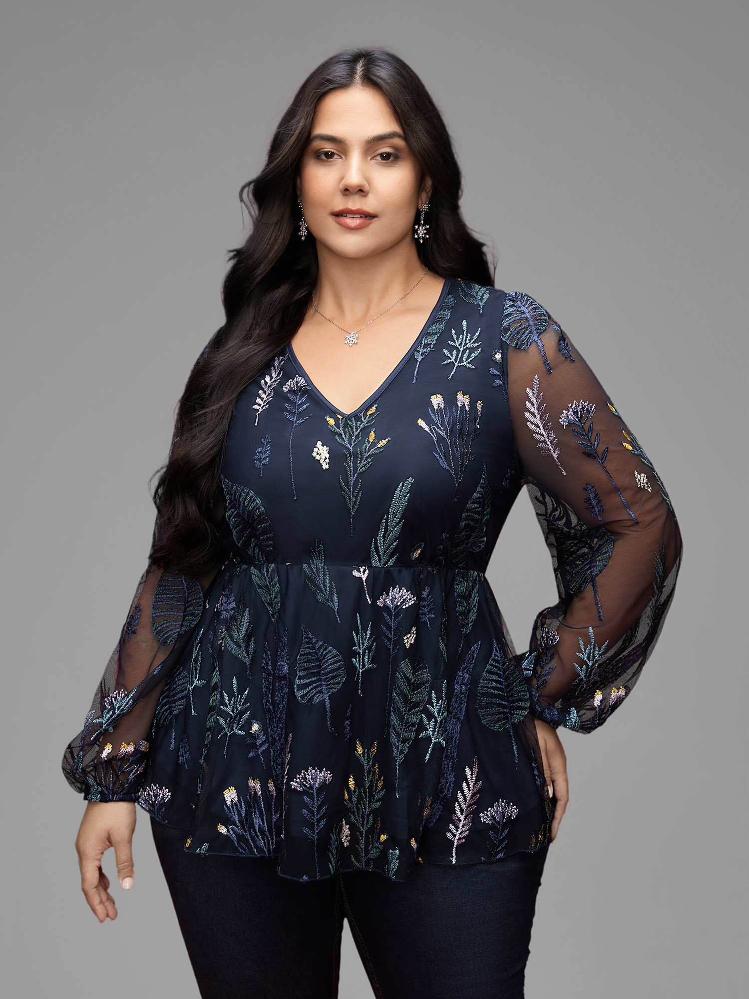 

Plus Size Indigo Enchanted Forest Embroidered Elastic Waist Blouse Women Elegant Long Sleeve V-neck Everyday Blouses BloomChic