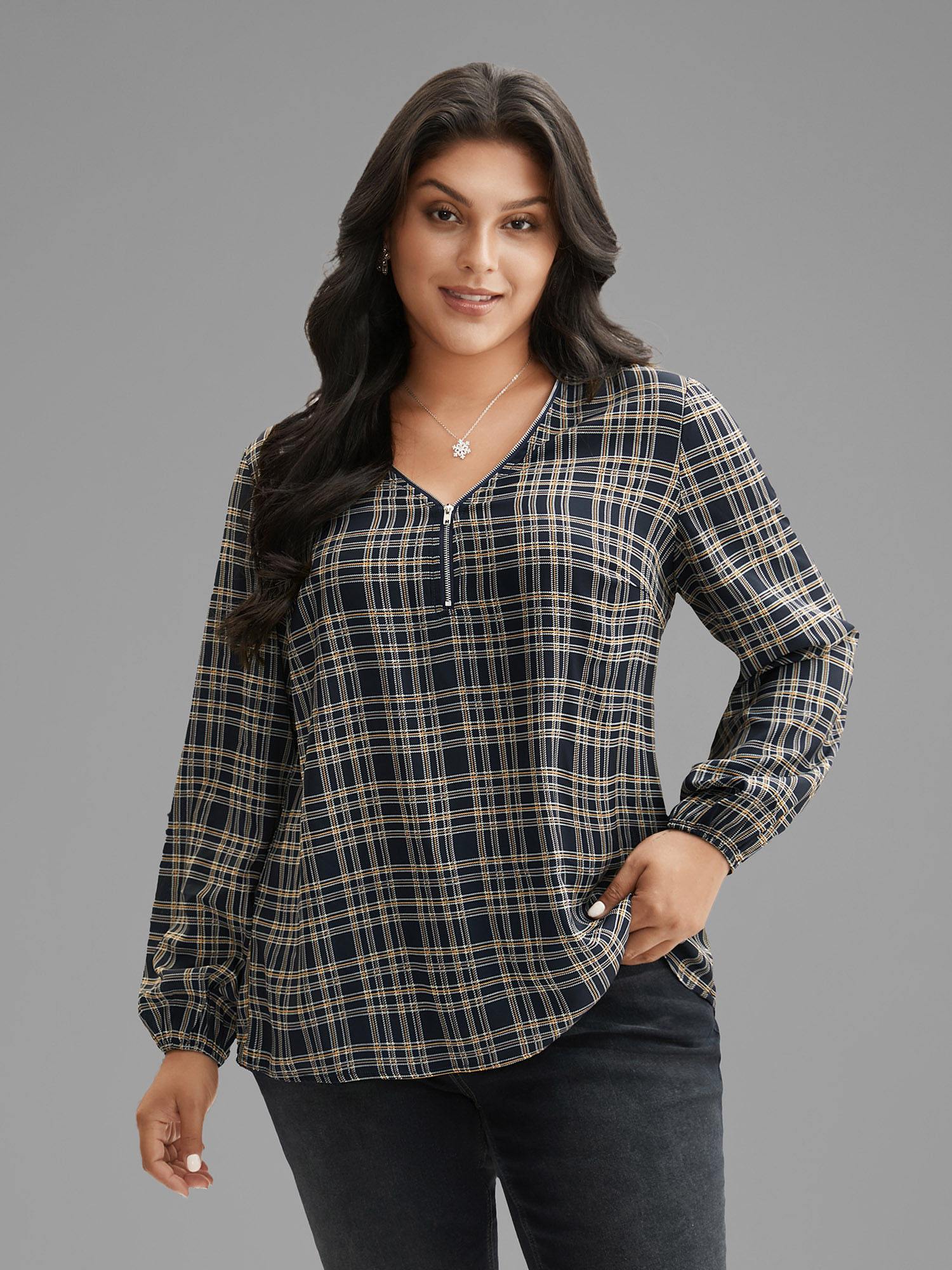 Plus Size Indigo Plaid Zipper Front Lantern Sleeve Blouse Women Elegant Long Sleeve V-neck Everyday Blouses BloomChic 14-16/1X 