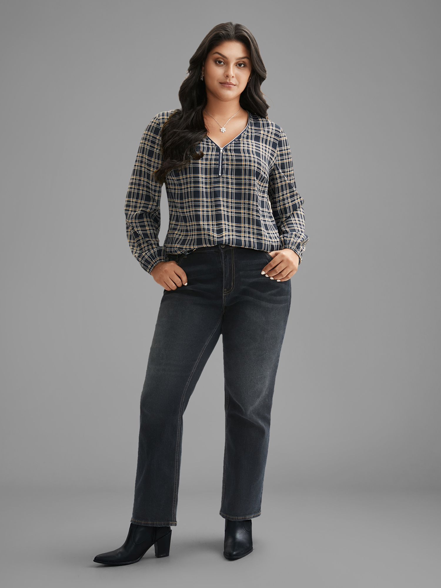 Plus Size Indigo Plaid Zipper Front Lantern Sleeve Blouse Women Elegant Long Sleeve V-neck Everyday Blouses BloomChic 14-16/1X 