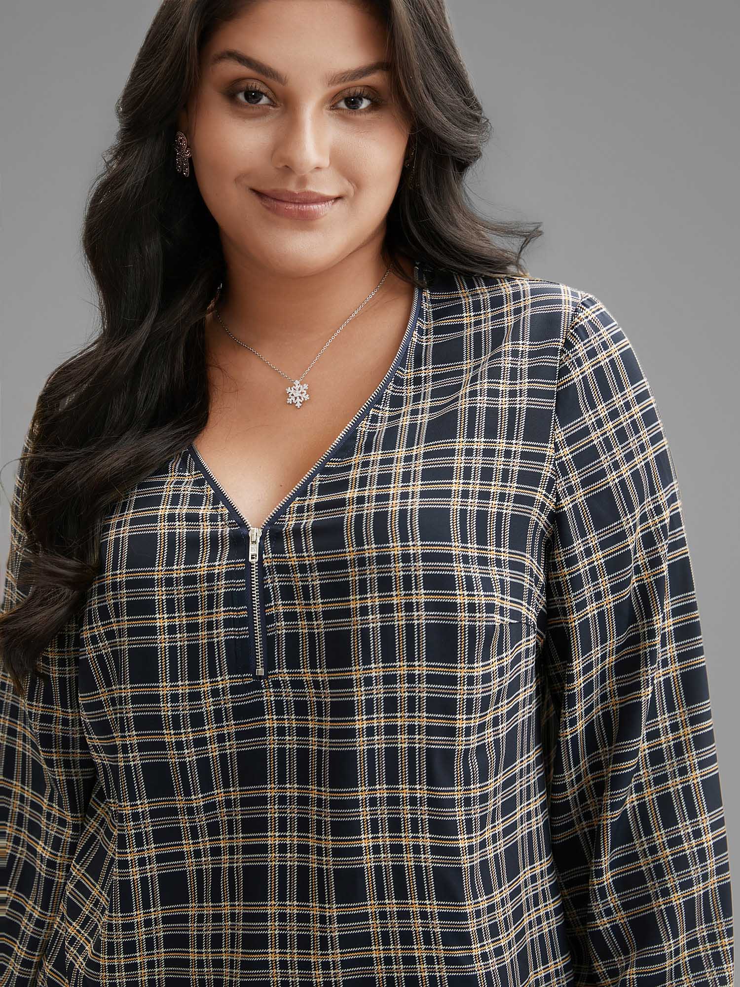 Plus Size Indigo Plaid Zipper Front Lantern Sleeve Blouse Women Elegant Long Sleeve V-neck Everyday Blouses BloomChic 14-16/1X 