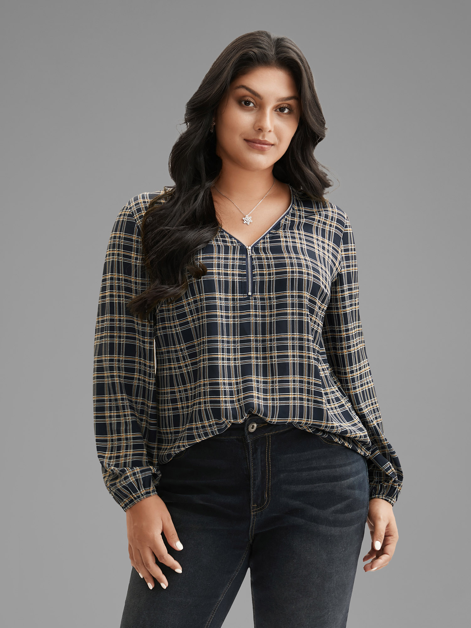 Plus Size Indigo Plaid Zipper Front Lantern Sleeve Blouse Women Elegant Long Sleeve V-neck Everyday Blouses BloomChic 14-16/1X 